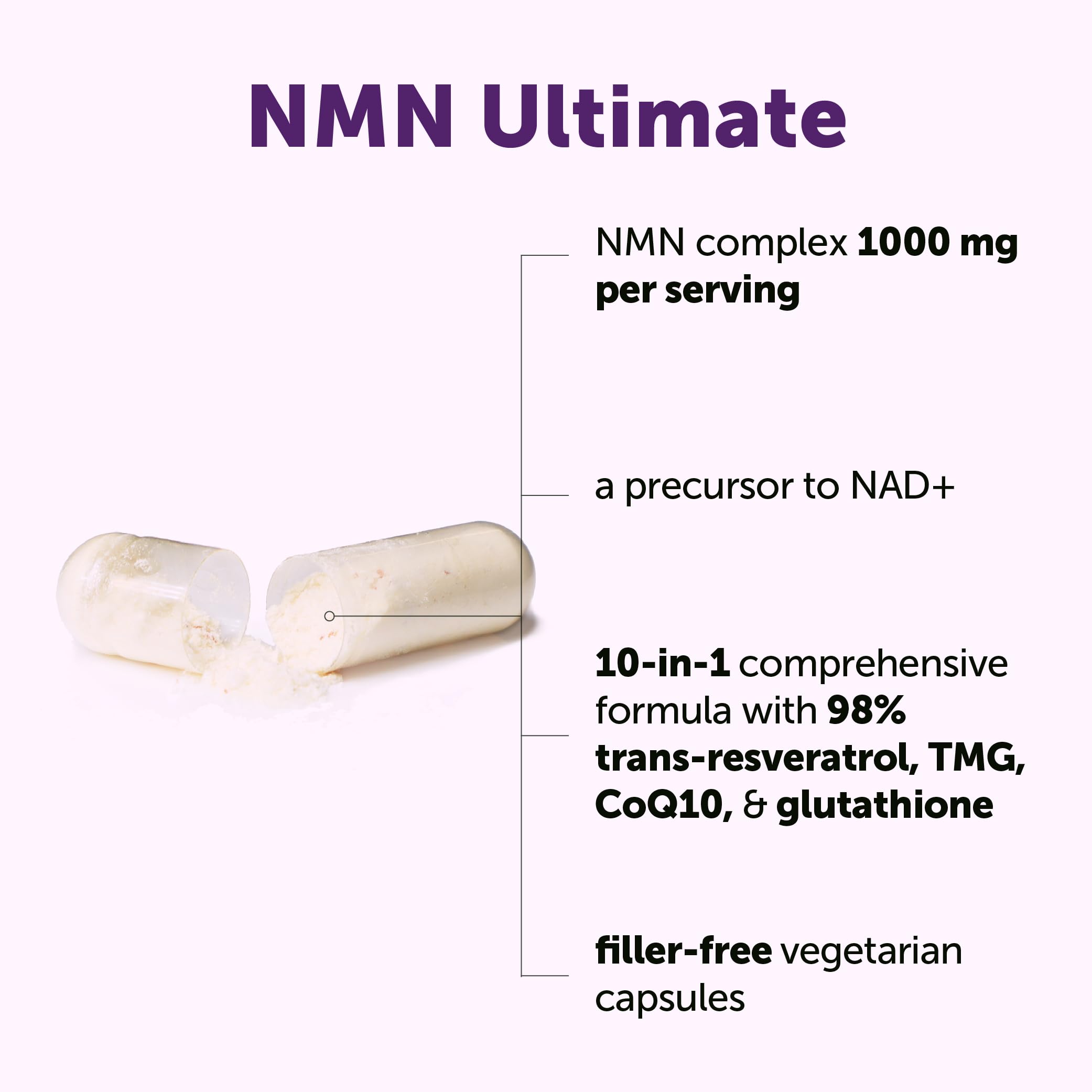 NMN Complex 1,000mg Per Serving, 60 Veggie Capsules | 10-in-1 with Nicotinamide Mononucleotide, Vitamin C, Resveratrol, CoQ10, TMG, Quercetin, & Glutathione | NAD+ Supplement Precursor | Filler Free