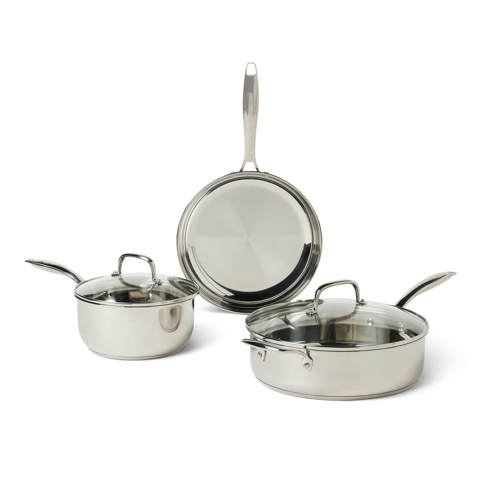 Amazon Basics Stainless Steel Cookware 11-Piece Set, Oven Safe, Induction-Ready, Even Heating, Non Toxic, Stay-Cool Handles, Pots and Pans, All Stovetops, Glass Lids, Silver