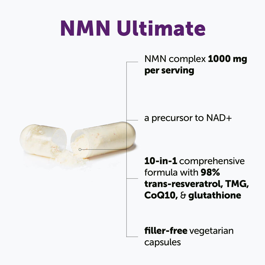 NMN Complex 1,000mg Per Serving, 60 Veggie Capsules | 10-in-1 with Nicotinamide Mononucleotide, Vitamin C, Resveratrol, CoQ10, TMG, Quercetin, & Glutathione | NAD+ Supplement Precursor | Filler Free