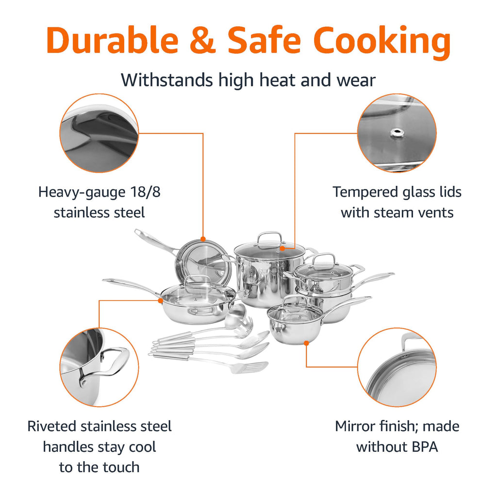 Amazon Basics Stainless Steel Cookware 11-Piece Set, Oven Safe, Induction-Ready, Even Heating, Non Toxic, Stay-Cool Handles, Pots and Pans, All Stovetops, Glass Lids, Silver