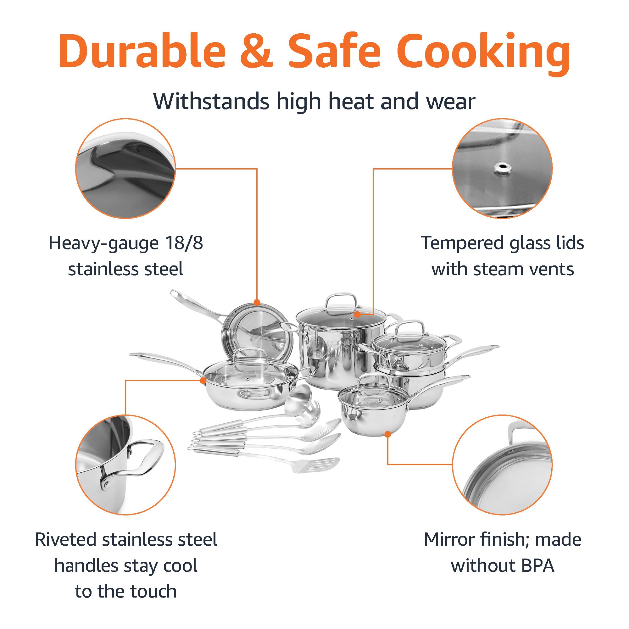Amazon Basics Stainless Steel Cookware 11-Piece Set, Oven Safe, Induction-Ready, Even Heating, Non Toxic, Stay-Cool Handles, Pots and Pans, All Stovetops, Glass Lids, Silver
