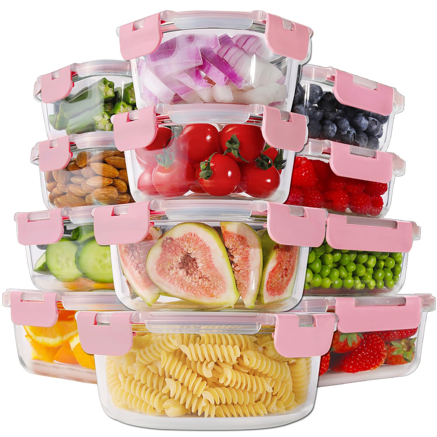 HOMBERKING 24pc Borosilicate Glass Food Storage Containers with Snap Locking Lids, Glass Meal Prep Containers, Airtight Lunch Boxes, Oven, Freezer and Dishwasher Safe, BPA Free, Kitchen Storage Set