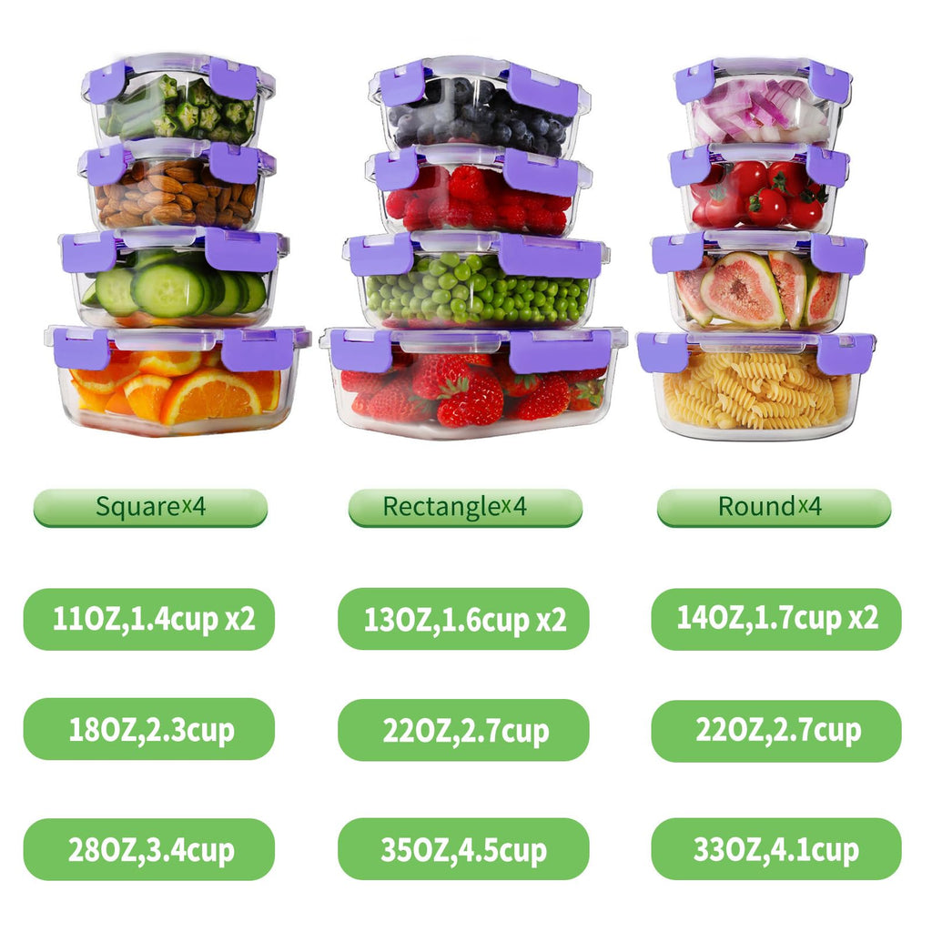 HOMBERKING 24pc Borosilicate Glass Food Storage Containers with Snap Locking Lids, Glass Meal Prep Containers, Airtight Lunch Boxes, Oven, Freezer and Dishwasher Safe, BPA Free, Kitchen Storage Set