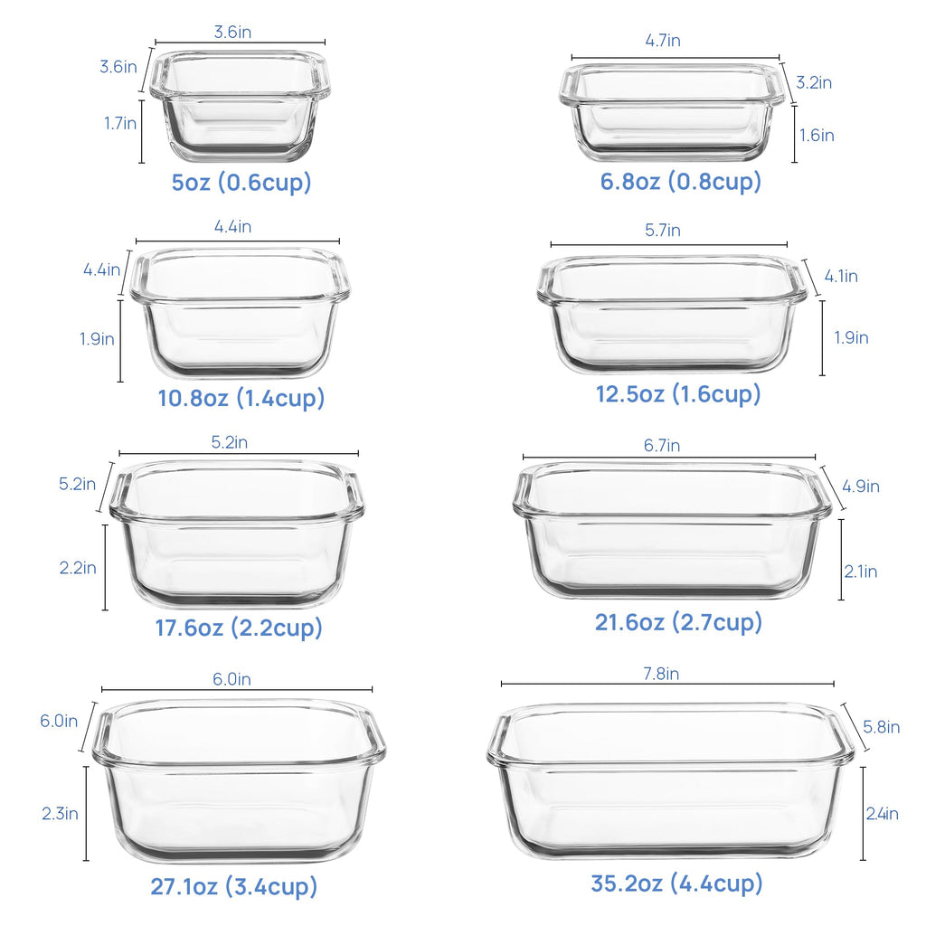 Vtopmart 8 Pack Glass Food Storage Containers with Airtight Lids, Glass Meal Prep Containers, Lunch Office Meal for Microwave, Oven, Freezer and Dishwasher, BPA Free