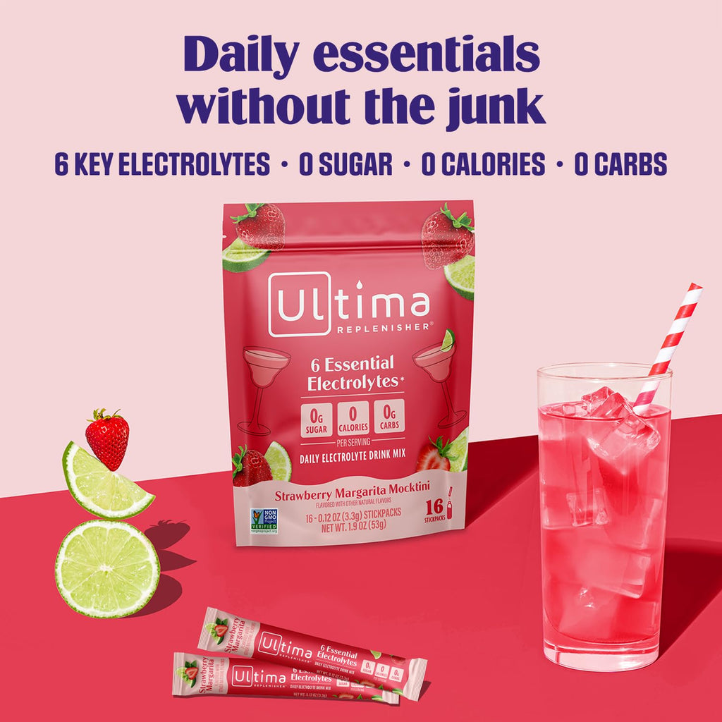 Ultima Replenisher Daily Electrolyte Powder – Raspberry, 20 Stickpacks – Zero Sugar Hydration Packets with 6 Electrolytes and Minerals – Sugar Free, Plant Based & Keto Friendly Drink Mix