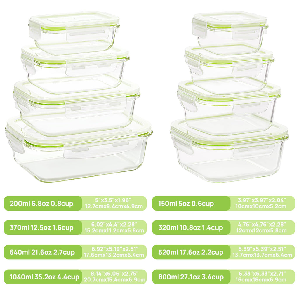 Vtopmart 8 Pack Glass Food Storage Containers with Airtight Lids, Glass Meal Prep Containers, Lunch Office Meal for Microwave, Oven, Freezer and Dishwasher, BPA Free