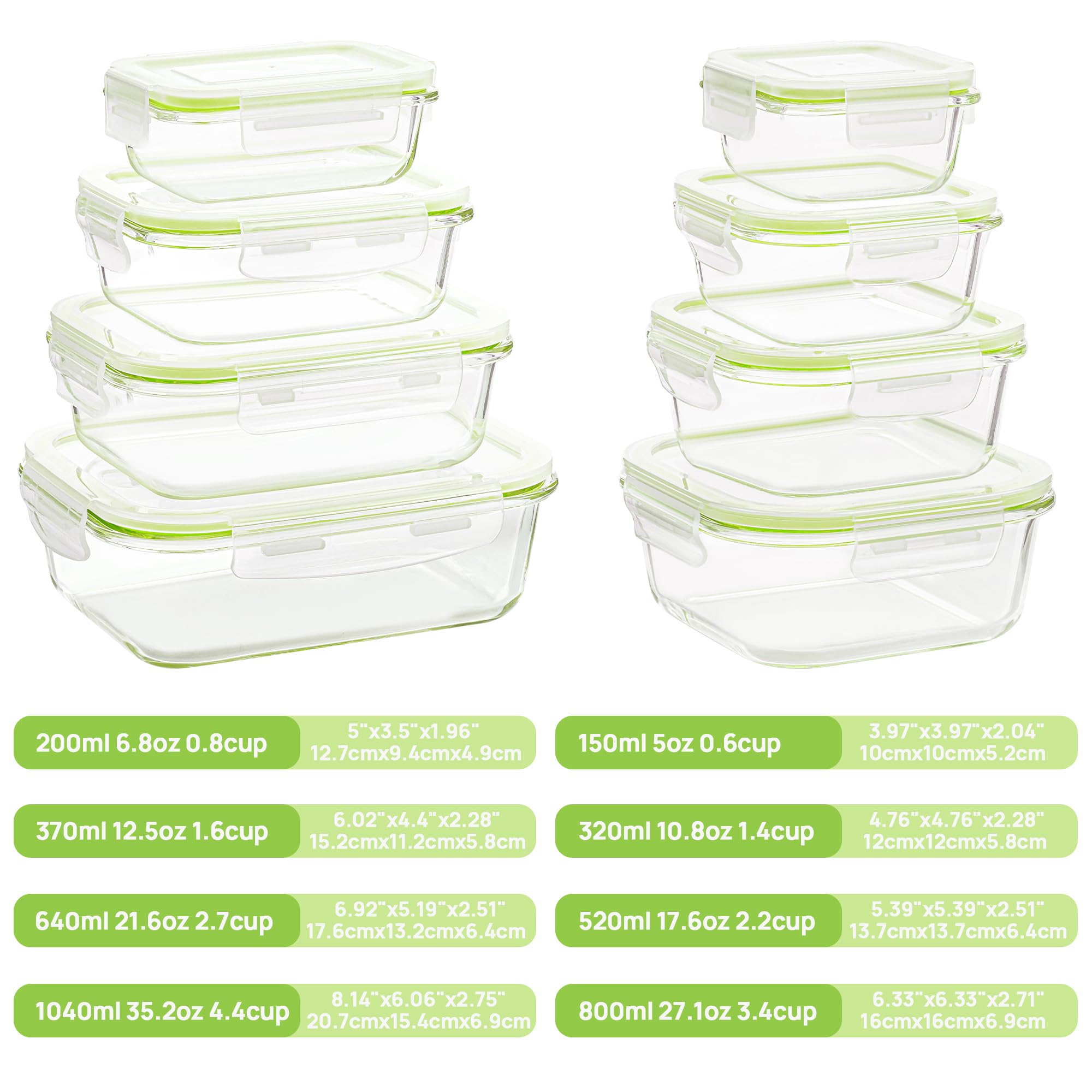 Vtopmart 8 Pack Glass Food Storage Containers with Airtight Lids, Glass Meal Prep Containers, Lunch Office Meal for Microwave, Oven, Freezer and Dishwasher, BPA Free