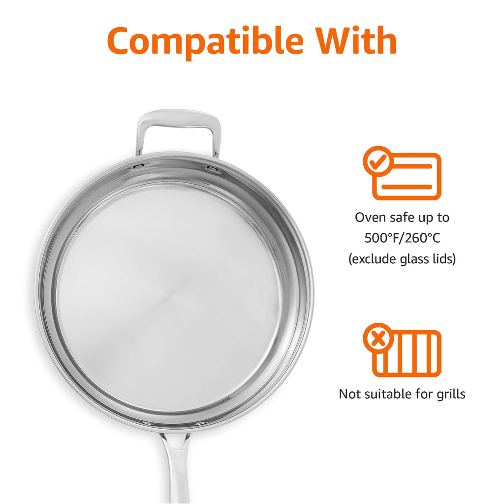 Amazon Basics Stainless Steel Cookware 11-Piece Set, Oven Safe, Induction-Ready, Even Heating, Non Toxic, Stay-Cool Handles, Pots and Pans, All Stovetops, Glass Lids, Silver