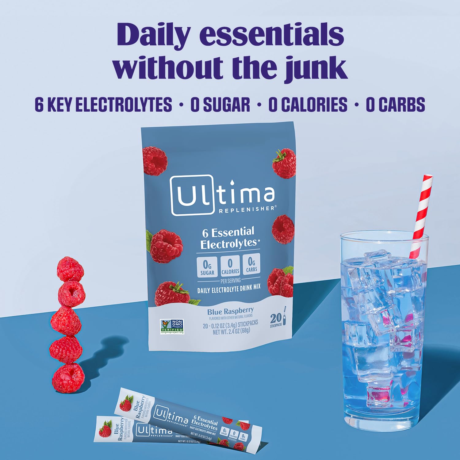 Ultima Replenisher Daily Electrolyte Powder – Raspberry, 20 Stickpacks – Zero Sugar Hydration Packets with 6 Electrolytes and Minerals – Sugar Free, Plant Based & Keto Friendly Drink Mix
