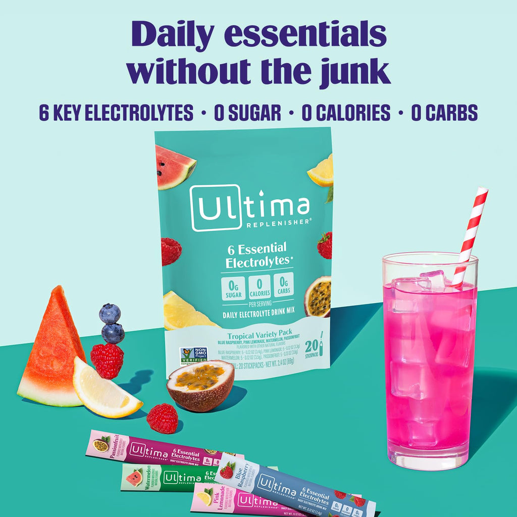 Ultima Replenisher Daily Electrolyte Powder – Raspberry, 20 Stickpacks – Zero Sugar Hydration Packets with 6 Electrolytes and Minerals – Sugar Free, Plant Based & Keto Friendly Drink Mix