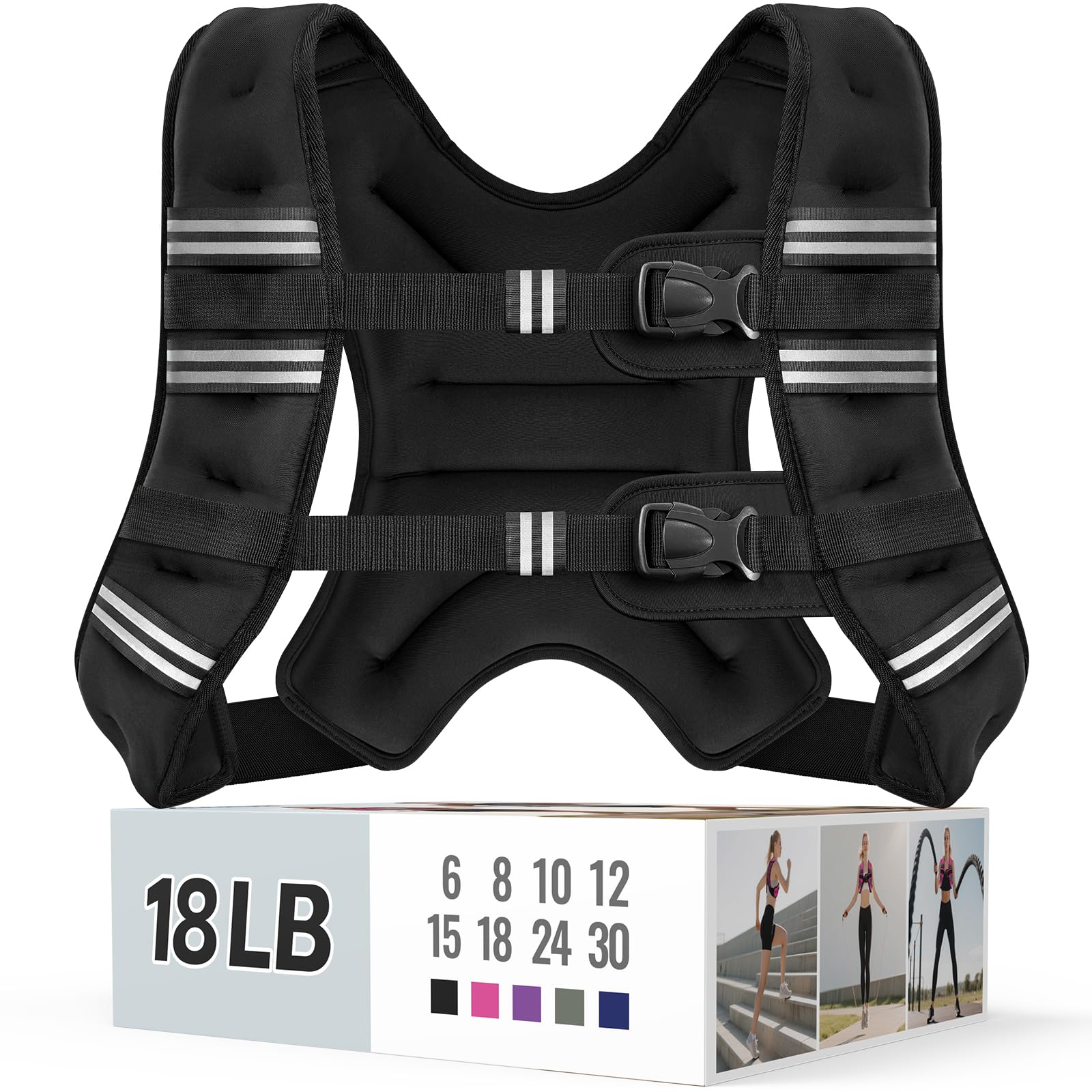 Zeerun Weighted Vest, 6lb/8lb/10lb/12lb/15lb/18lb/20lb/24lb/30lb for Men Women, Reflective Stripe Adjustable Buckle, Comfortable Durable Rucking Vest for Walking Running Strength Training