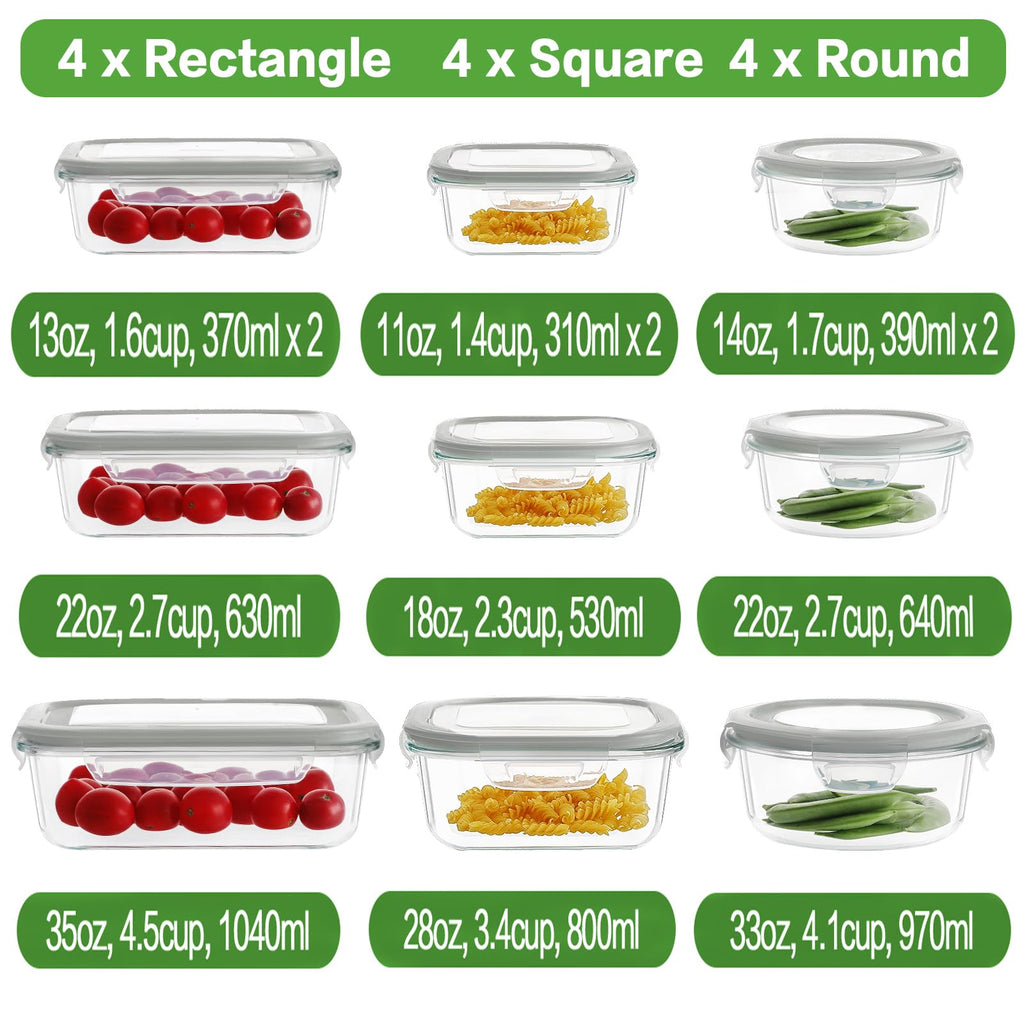 HOMBERKING 24pc Borosilicate Glass Food Storage Containers with Snap Locking Lids, Glass Meal Prep Containers, Airtight Lunch Boxes, Oven, Freezer and Dishwasher Safe, BPA Free, Kitchen Storage Set