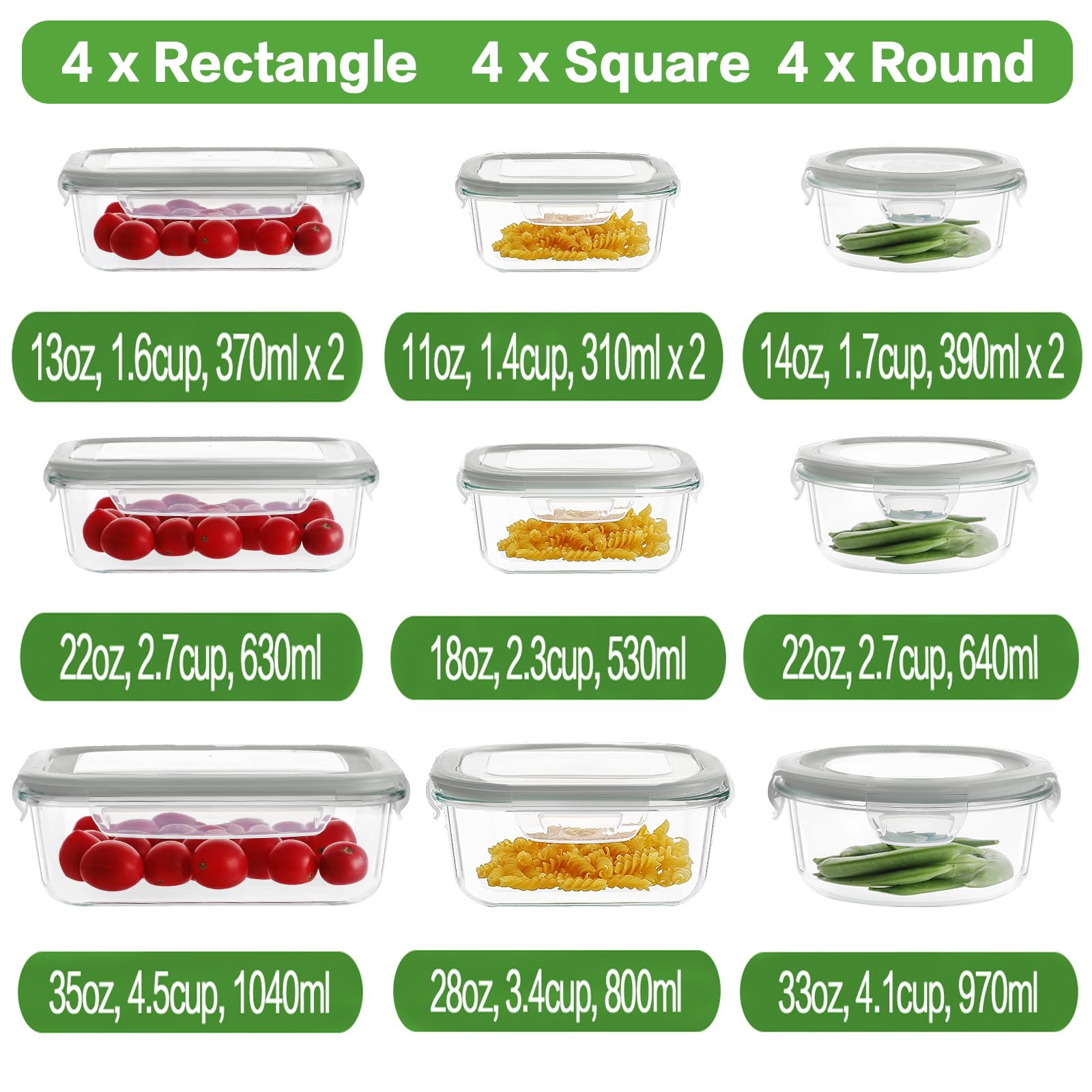 HOMBERKING 24pc Borosilicate Glass Food Storage Containers with Snap Locking Lids, Glass Meal Prep Containers, Airtight Lunch Boxes, Oven, Freezer and Dishwasher Safe, BPA Free, Kitchen Storage Set