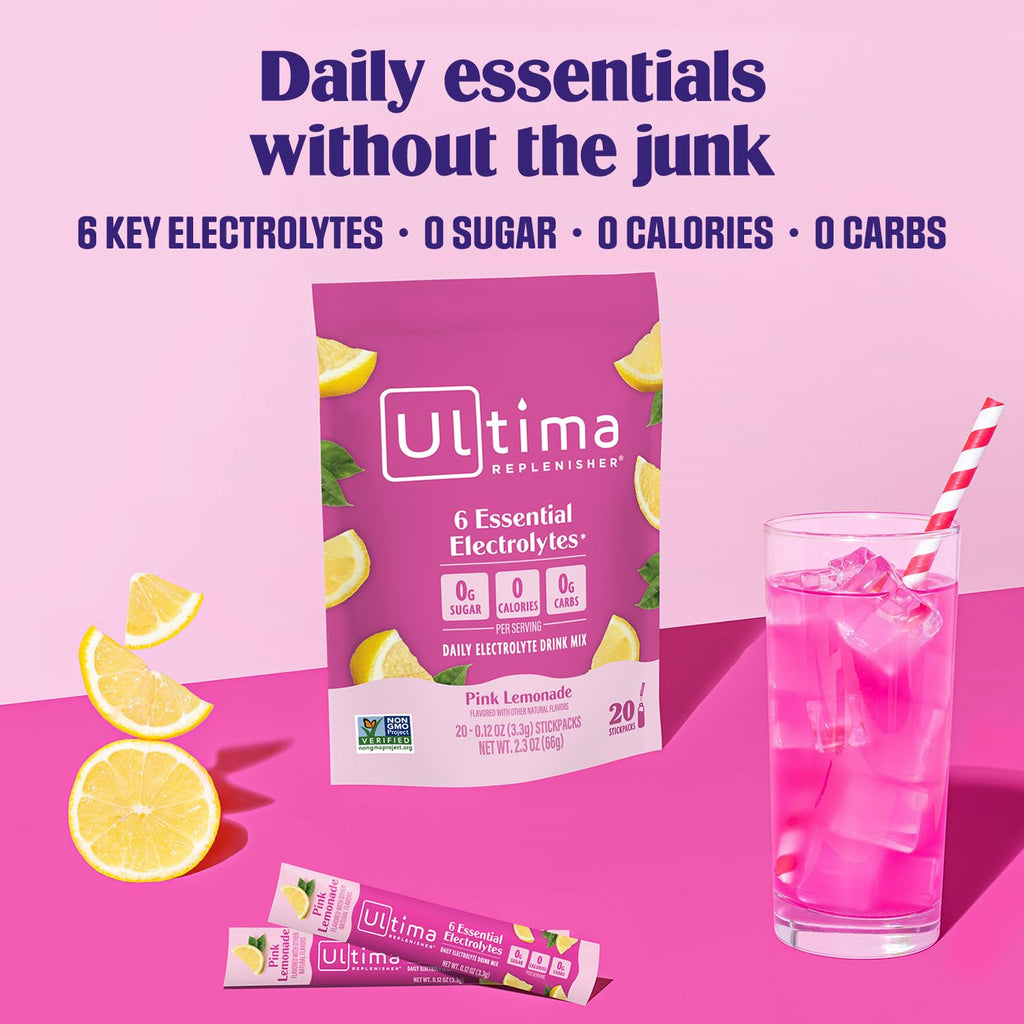 Ultima Replenisher Daily Electrolyte Powder – Raspberry, 20 Stickpacks – Zero Sugar Hydration Packets with 6 Electrolytes and Minerals – Sugar Free, Plant Based & Keto Friendly Drink Mix
