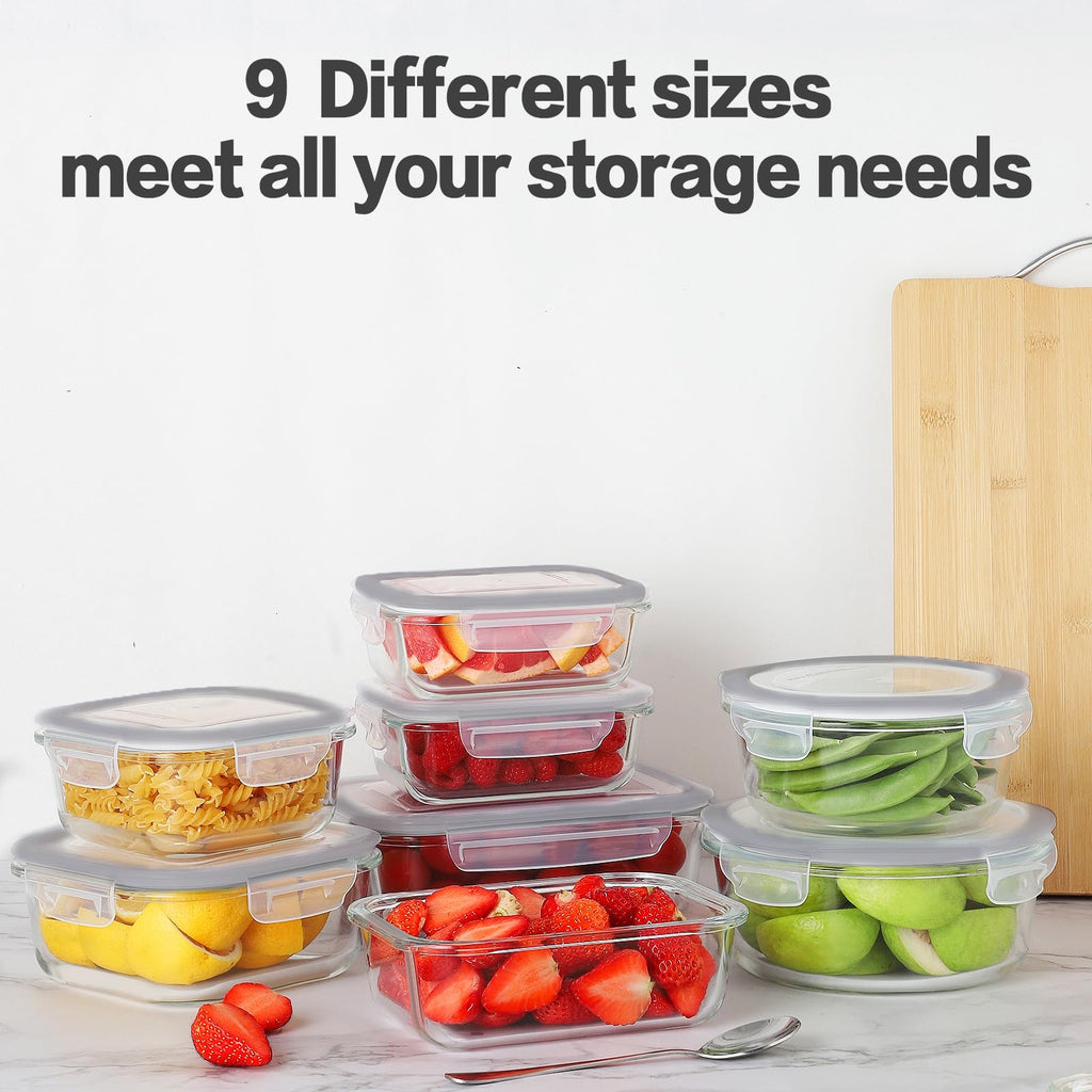 HOMBERKING 24pc Borosilicate Glass Food Storage Containers with Snap Locking Lids, Glass Meal Prep Containers, Airtight Lunch Boxes, Oven, Freezer and Dishwasher Safe, BPA Free, Kitchen Storage Set