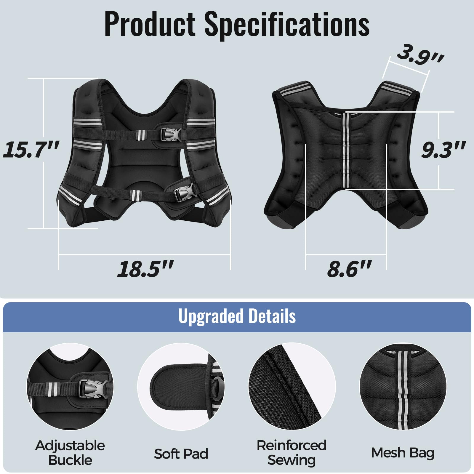 Zeerun Weighted Vest, 6lb/8lb/10lb/12lb/15lb/18lb/20lb/24lb/30lb for Men Women, Reflective Stripe Adjustable Buckle, Comfortable Durable Rucking Vest for Walking Running Strength Training