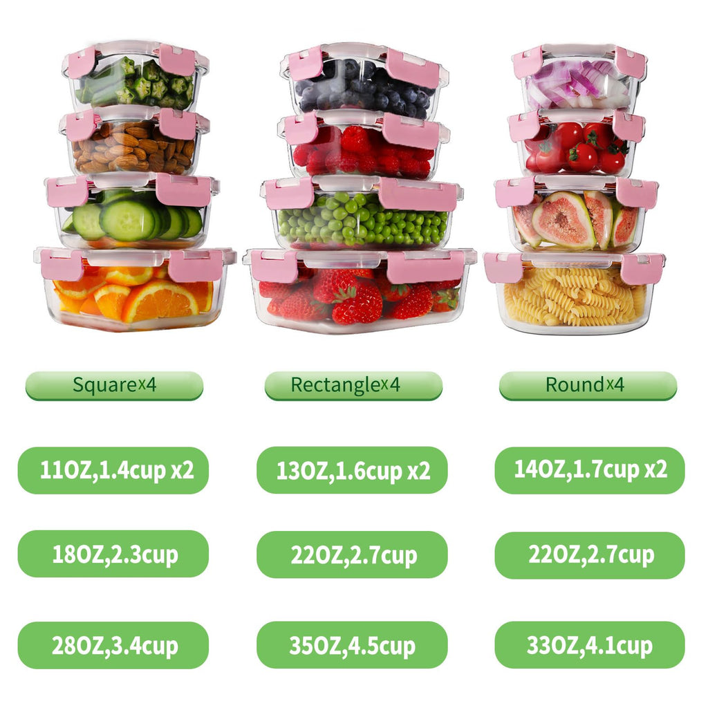 HOMBERKING 24pc Borosilicate Glass Food Storage Containers with Snap Locking Lids, Glass Meal Prep Containers, Airtight Lunch Boxes, Oven, Freezer and Dishwasher Safe, BPA Free, Kitchen Storage Set