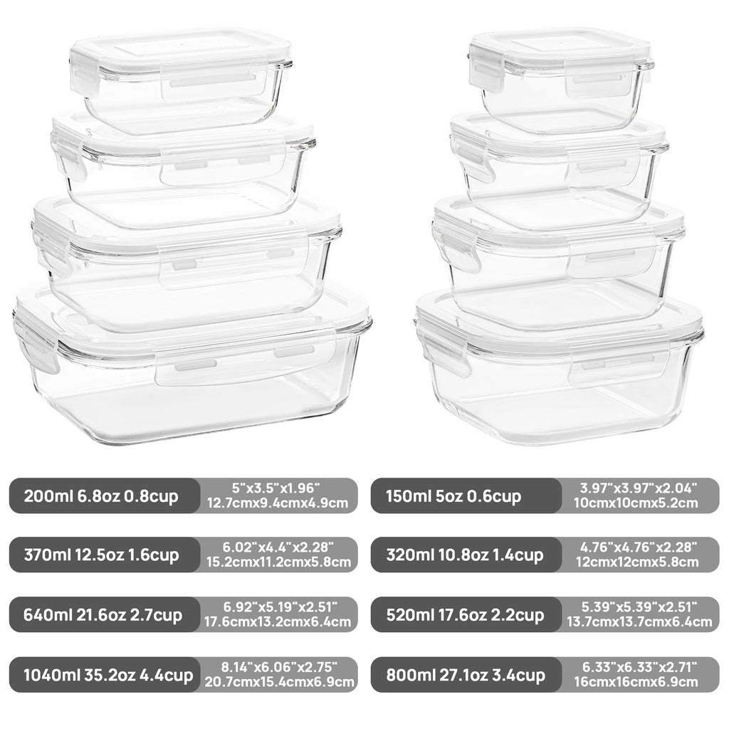 Vtopmart 8 Pack Glass Food Storage Containers with Airtight Lids, Glass Meal Prep Containers, Lunch Office Meal for Microwave, Oven, Freezer and Dishwasher, BPA Free