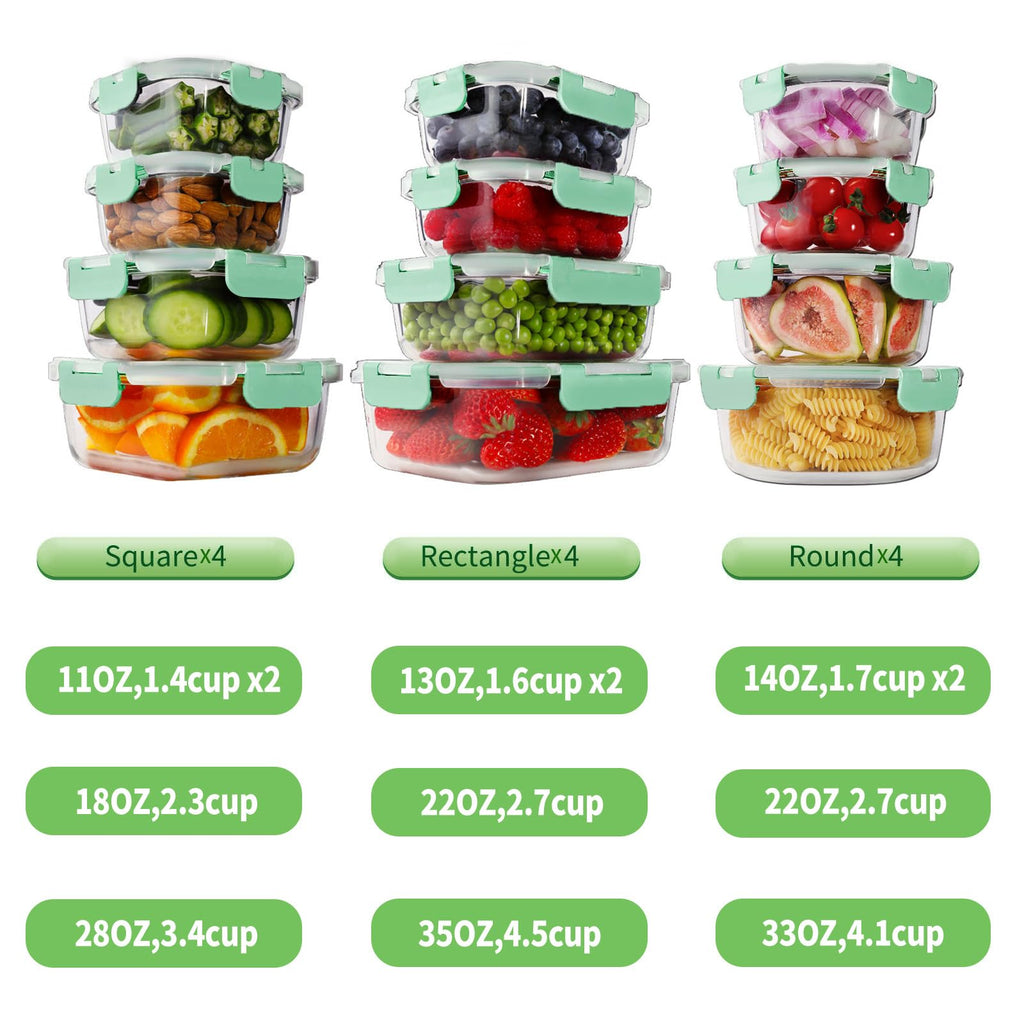 HOMBERKING 24pc Borosilicate Glass Food Storage Containers with Snap Locking Lids, Glass Meal Prep Containers, Airtight Lunch Boxes, Oven, Freezer and Dishwasher Safe, BPA Free, Kitchen Storage Set