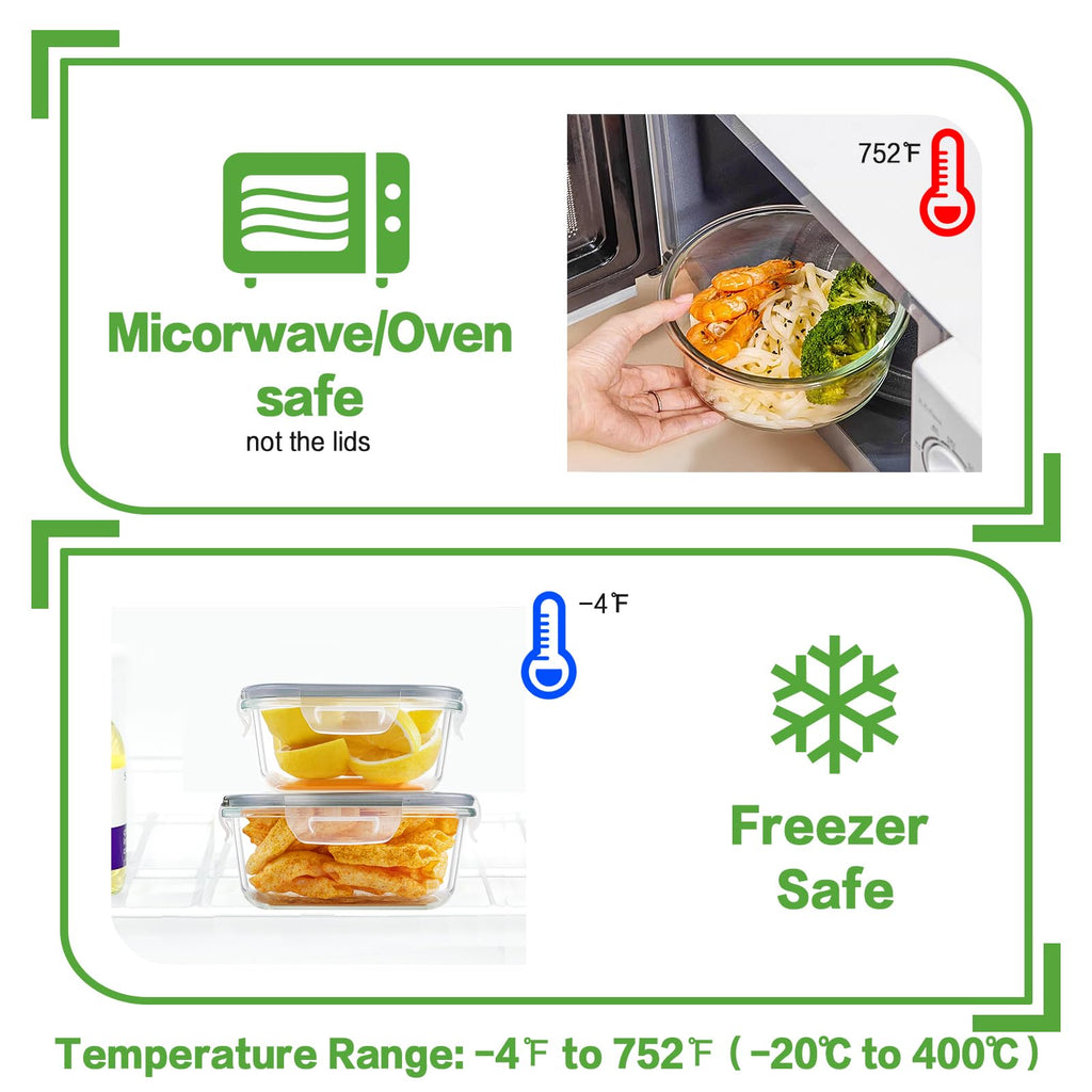 HOMBERKING 24pc Borosilicate Glass Food Storage Containers with Snap Locking Lids, Glass Meal Prep Containers, Airtight Lunch Boxes, Oven, Freezer and Dishwasher Safe, BPA Free, Kitchen Storage Set