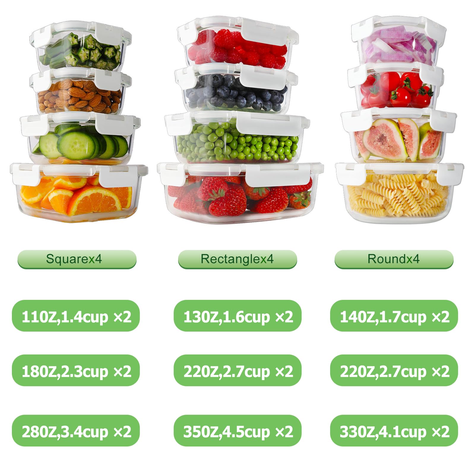 HOMBERKING 24pc Borosilicate Glass Food Storage Containers with Snap Locking Lids, Glass Meal Prep Containers, Airtight Lunch Boxes, Oven, Freezer and Dishwasher Safe, BPA Free, Kitchen Storage Set