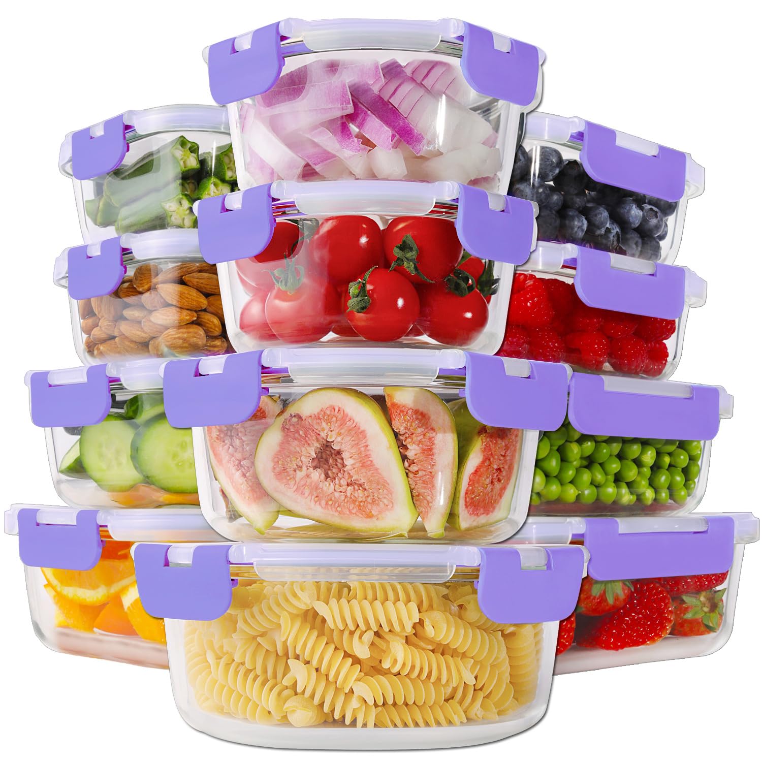 HOMBERKING 24pc Borosilicate Glass Food Storage Containers with Snap Locking Lids, Glass Meal Prep Containers, Airtight Lunch Boxes, Oven, Freezer and Dishwasher Safe, BPA Free, Kitchen Storage Set