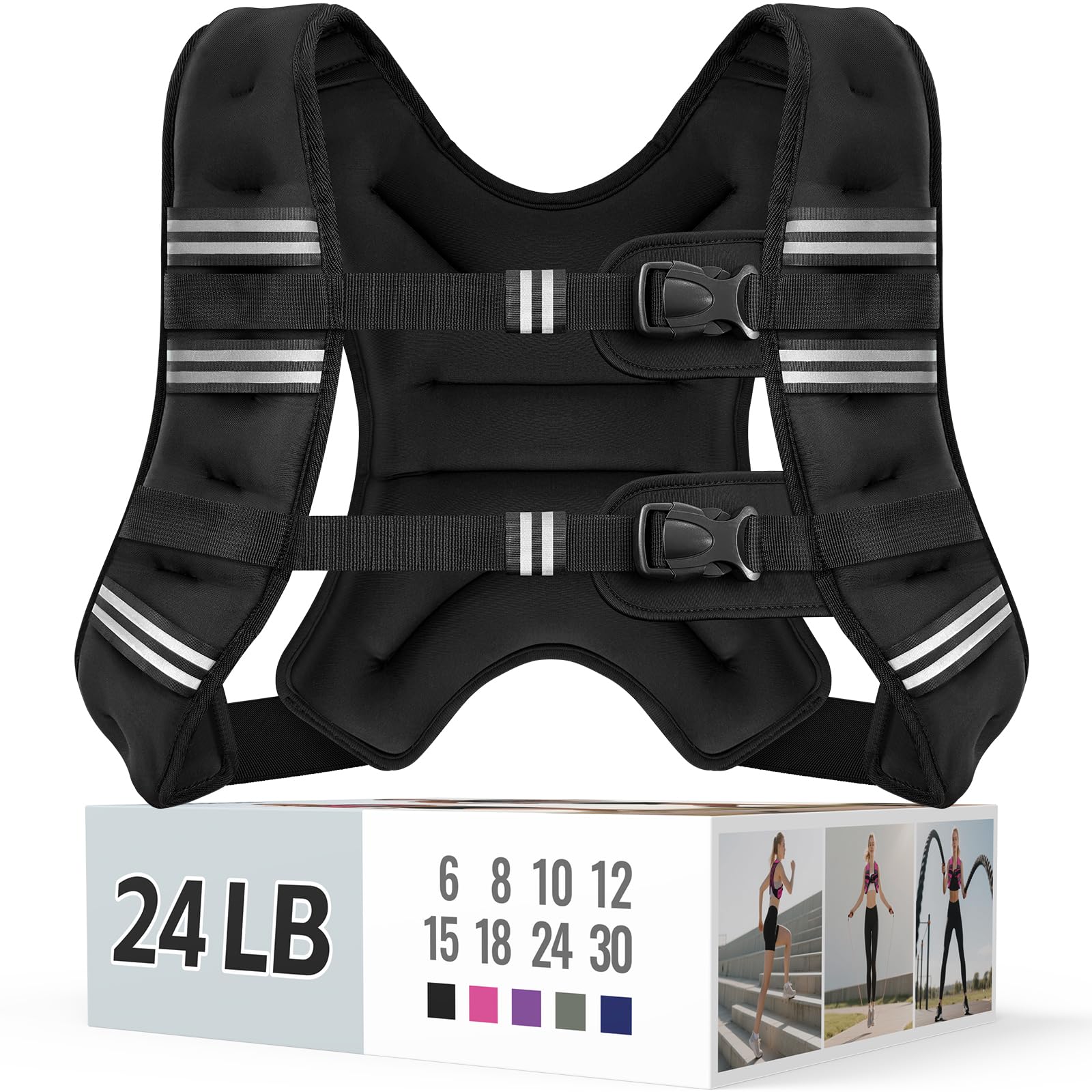 Zeerun Weighted Vest, 6lb/8lb/10lb/12lb/15lb/18lb/20lb/24lb/30lb for Men Women, Reflective Stripe Adjustable Buckle, Comfortable Durable Rucking Vest for Walking Running Strength Training