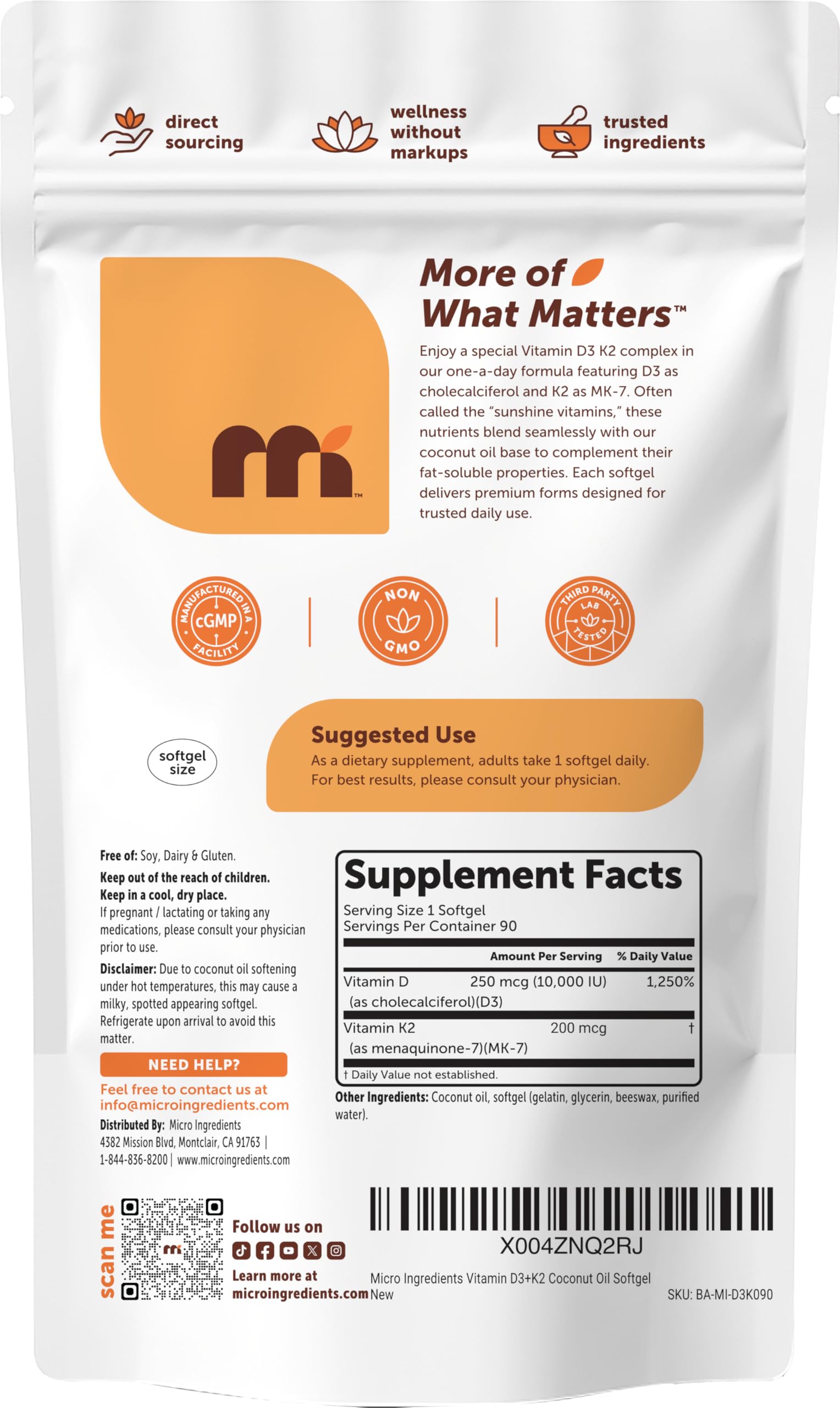 Micro Ingredients Vitamin D3 10,000 IU + K2 MK-7 200 mcg, 300 Softgels with Virgin Coconut Oil | 2-in-1 Vitamins D & K Complex | Extra Strength, Easy to Swallow, Non-GMO, Gluten Free