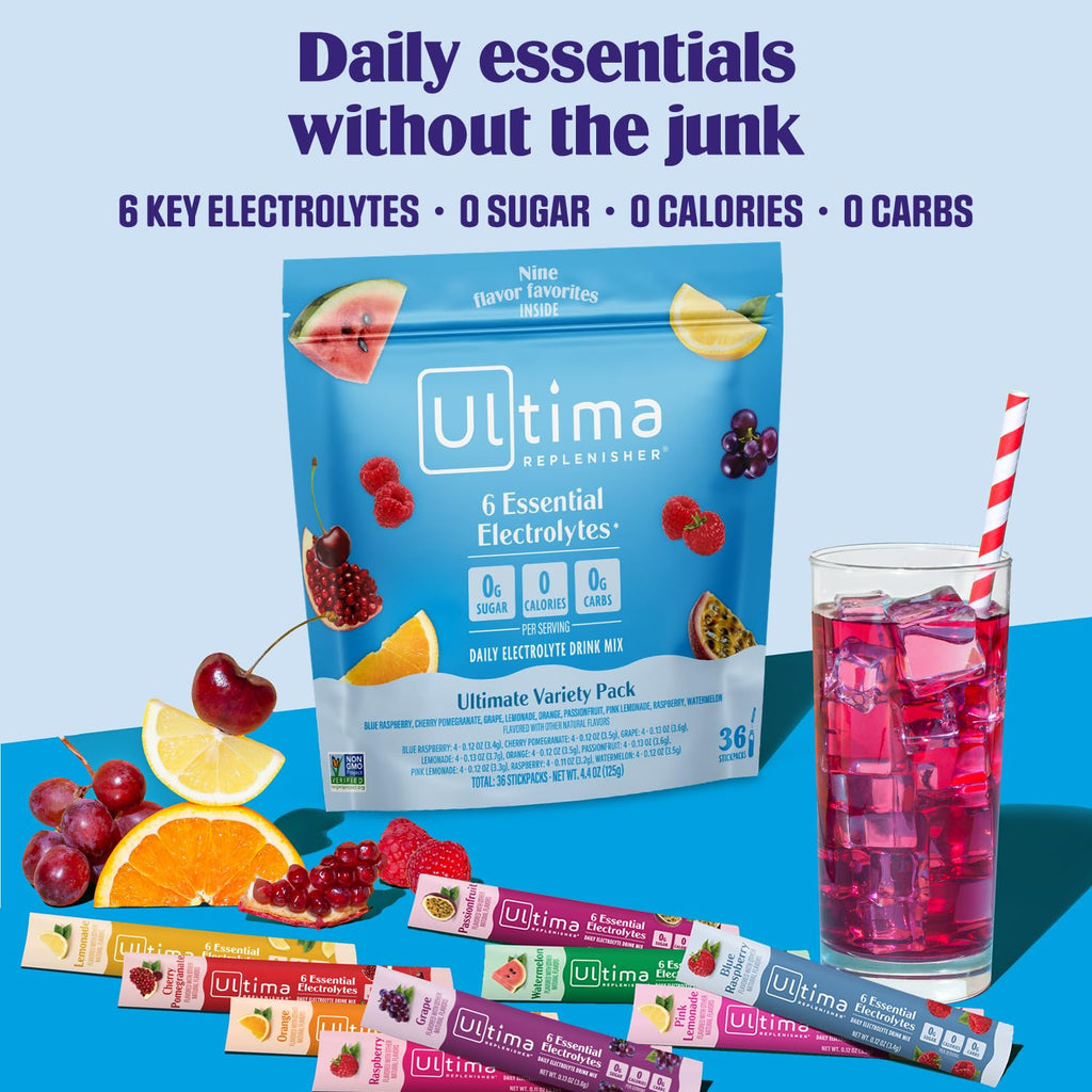 Ultima Replenisher Daily Electrolyte Powder – Raspberry, 20 Stickpacks – Zero Sugar Hydration Packets with 6 Electrolytes and Minerals – Sugar Free, Plant Based & Keto Friendly Drink Mix