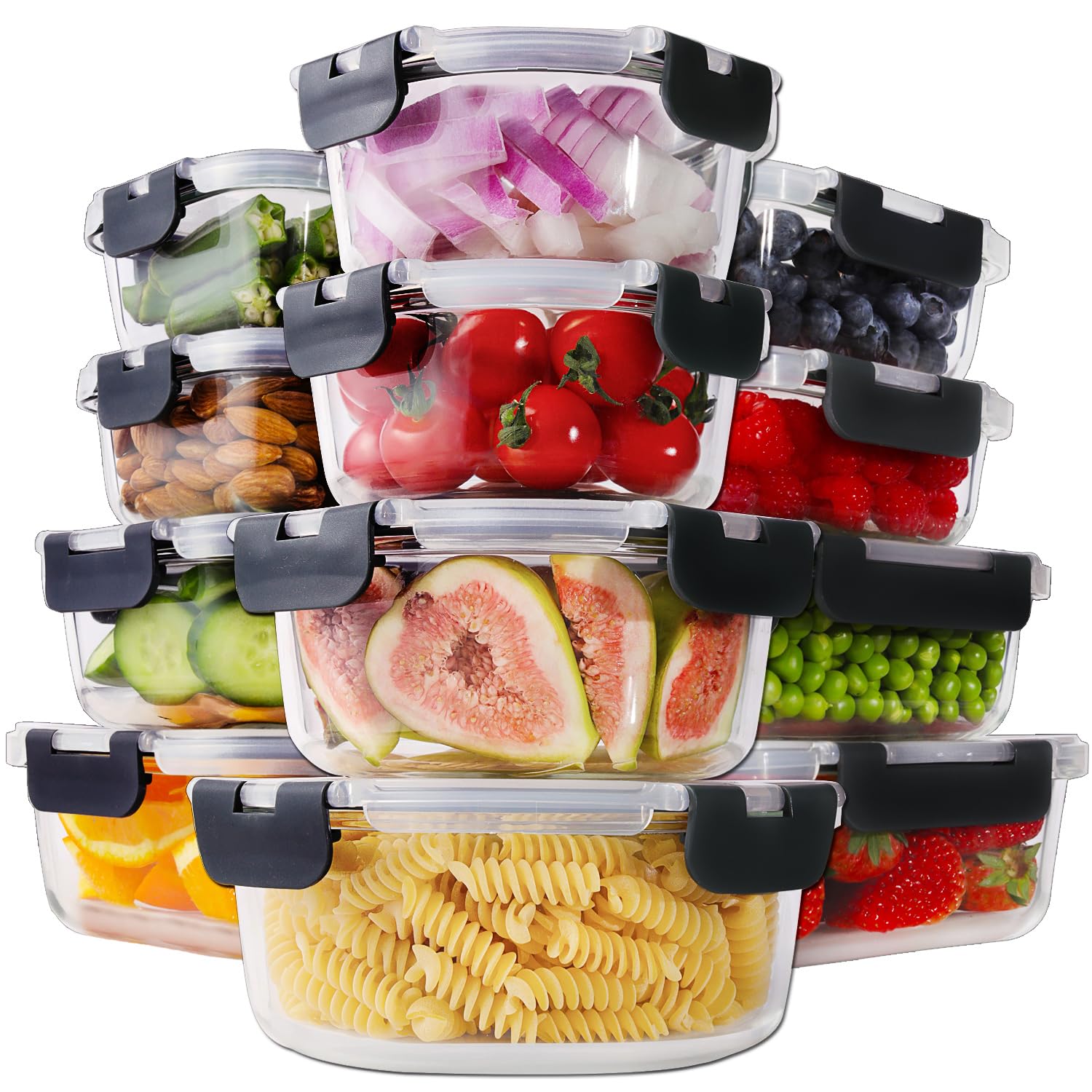 HOMBERKING 24pc Borosilicate Glass Food Storage Containers with Snap Locking Lids, Glass Meal Prep Containers, Airtight Lunch Boxes, Oven, Freezer and Dishwasher Safe, BPA Free, Kitchen Storage Set