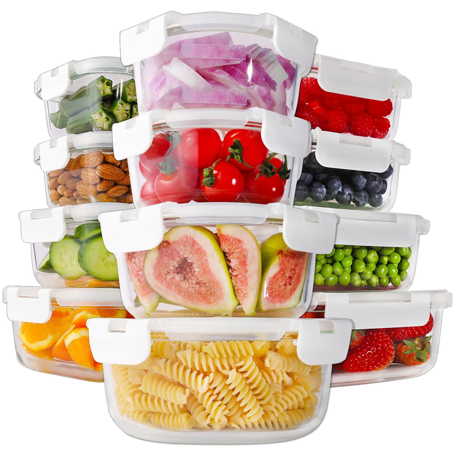 HOMBERKING 24pc Borosilicate Glass Food Storage Containers with Snap Locking Lids, Glass Meal Prep Containers, Airtight Lunch Boxes, Oven, Freezer and Dishwasher Safe, BPA Free, Kitchen Storage Set