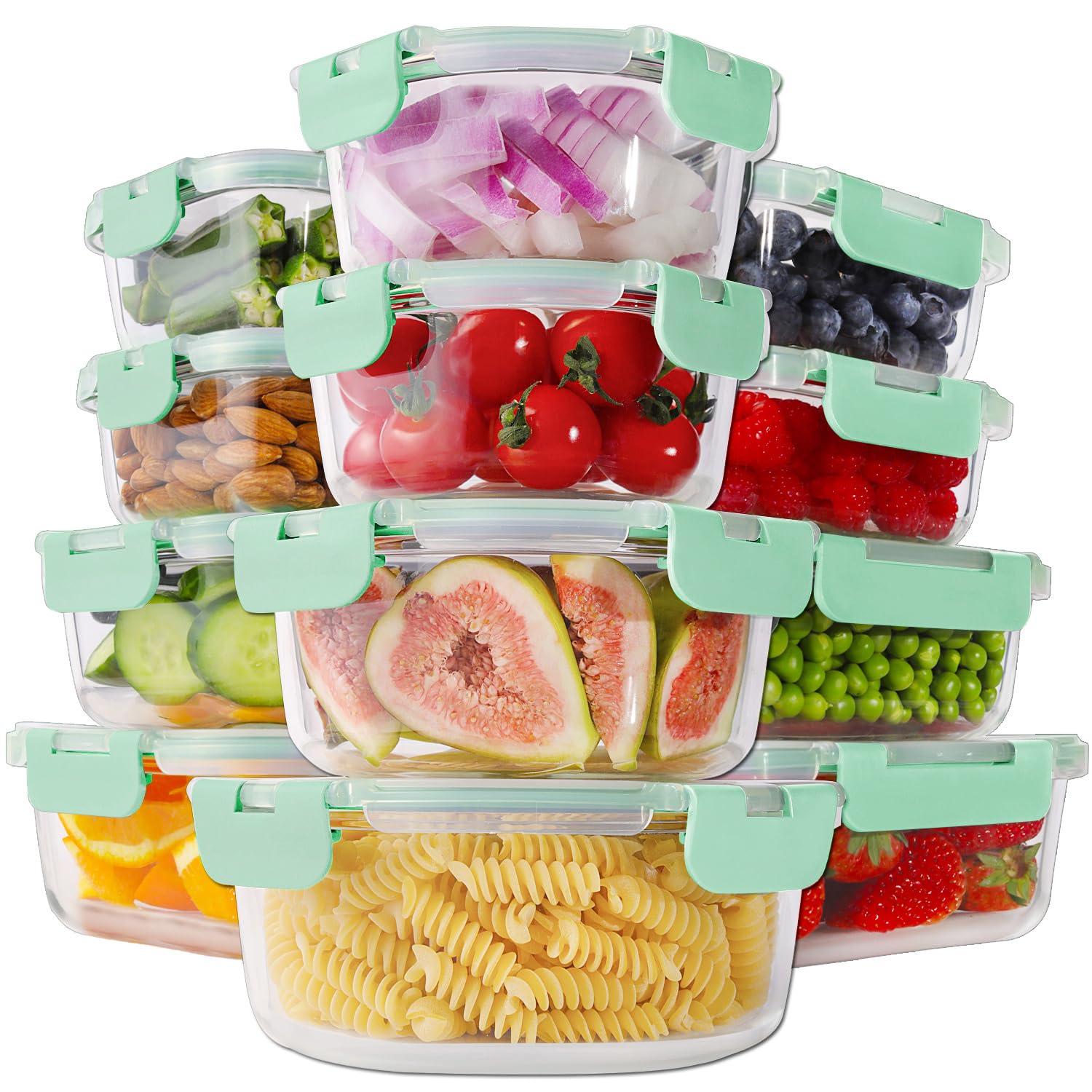 HOMBERKING 24pc Borosilicate Glass Food Storage Containers with Snap Locking Lids, Glass Meal Prep Containers, Airtight Lunch Boxes, Oven, Freezer and Dishwasher Safe, BPA Free, Kitchen Storage Set