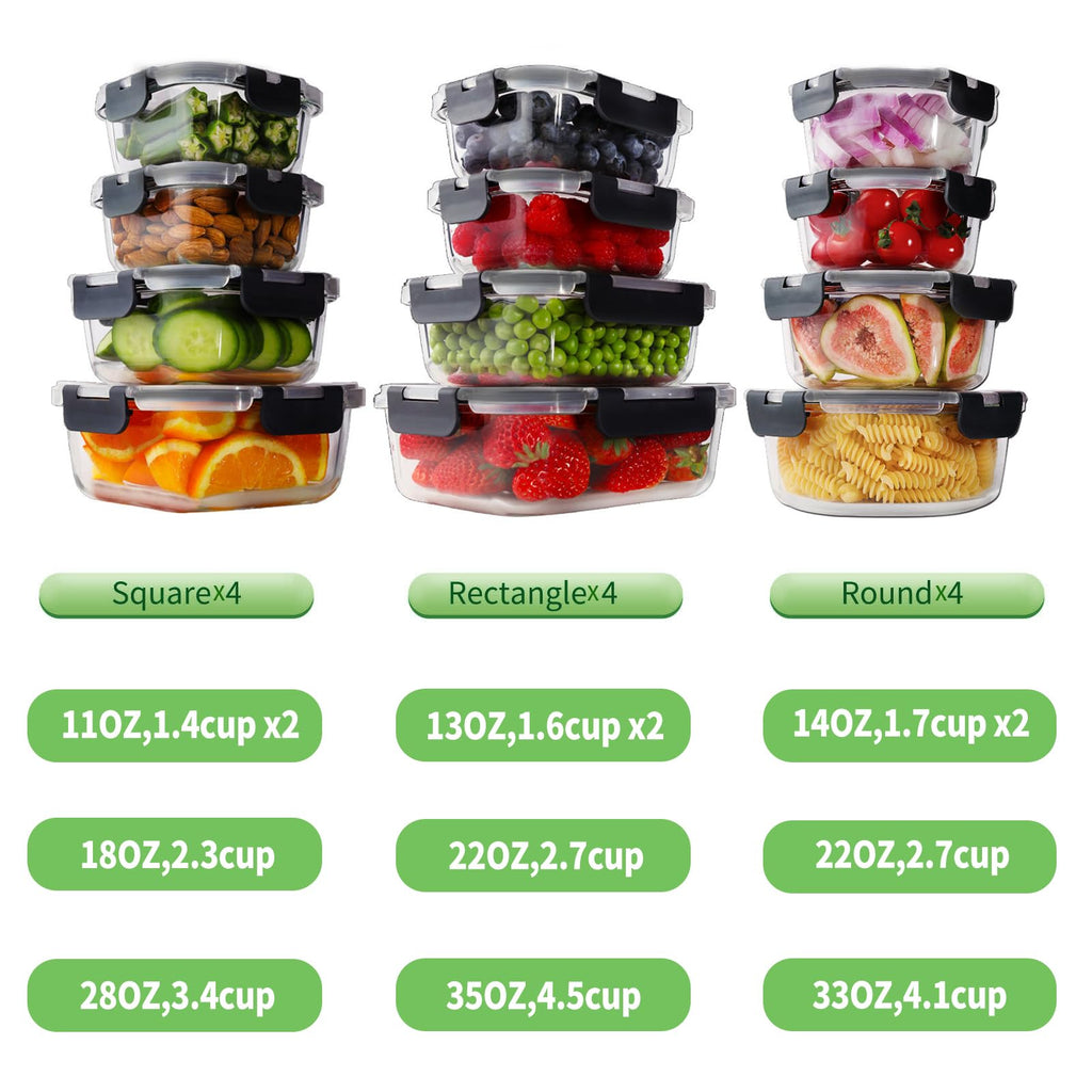 HOMBERKING 24pc Borosilicate Glass Food Storage Containers with Snap Locking Lids, Glass Meal Prep Containers, Airtight Lunch Boxes, Oven, Freezer and Dishwasher Safe, BPA Free, Kitchen Storage Set