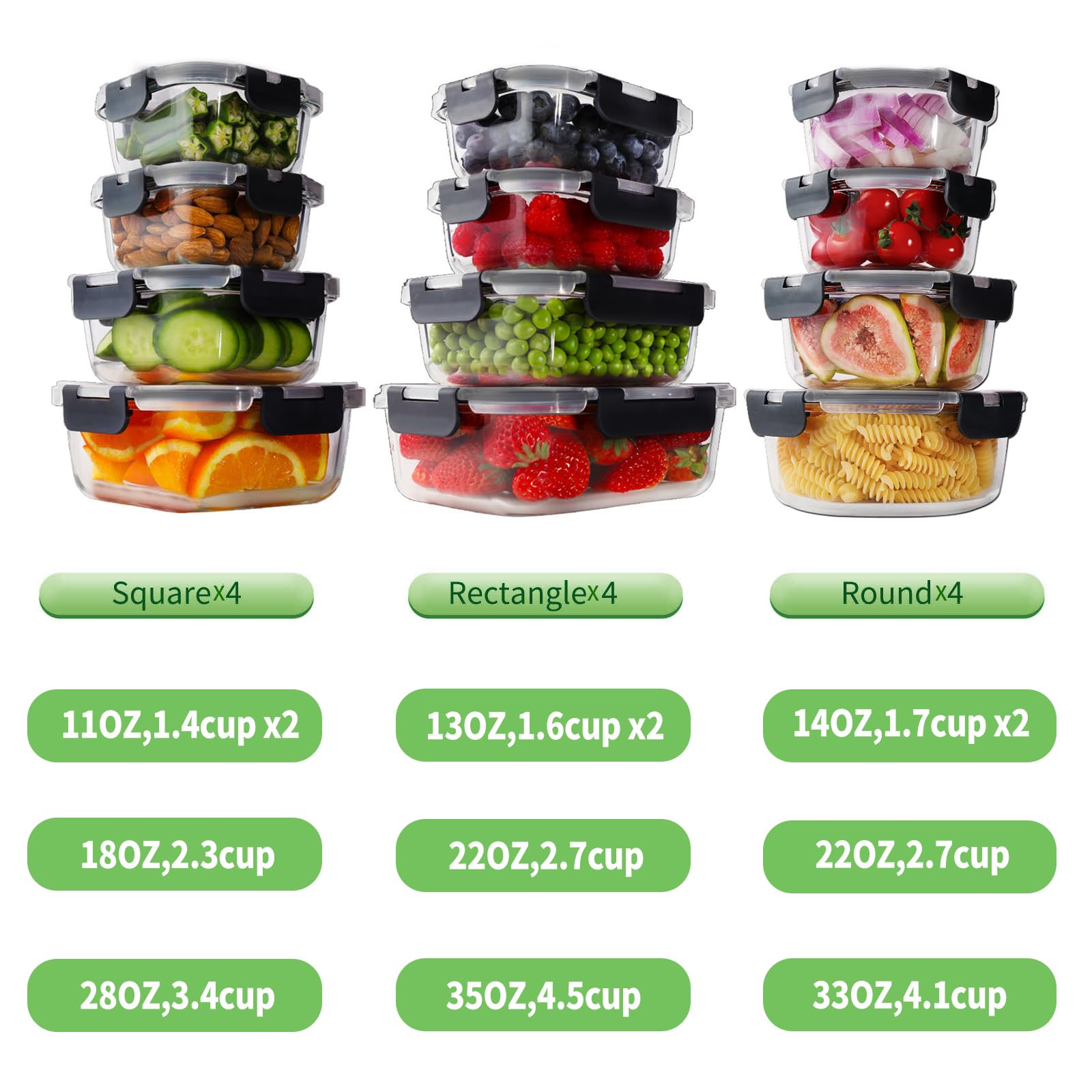 HOMBERKING 24pc Borosilicate Glass Food Storage Containers with Snap Locking Lids, Glass Meal Prep Containers, Airtight Lunch Boxes, Oven, Freezer and Dishwasher Safe, BPA Free, Kitchen Storage Set