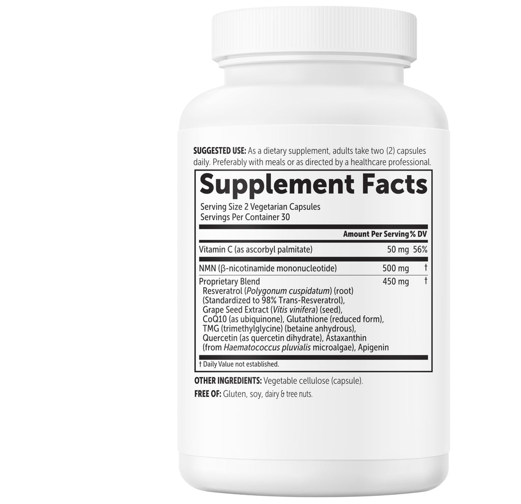 NMN Complex 1,000mg Per Serving, 60 Veggie Capsules | 10-in-1 with Nicotinamide Mononucleotide, Vitamin C, Resveratrol, CoQ10, TMG, Quercetin, & Glutathione | NAD+ Supplement Precursor | Filler Free
