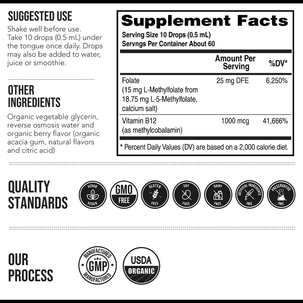 L Methyl Folate 15mg Plus Methyl B12 Cofactor – Organic Berry Flavor, High Potency Liquid Sublingual Active 5-MTHF Form - Supports Mood, Methylation, Cognition – Bioactive Forms Vitamin B9 & B12 (1oz)