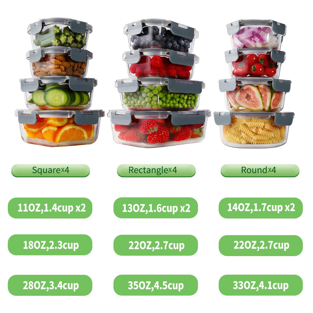 HOMBERKING 24pc Borosilicate Glass Food Storage Containers with Snap Locking Lids, Glass Meal Prep Containers, Airtight Lunch Boxes, Oven, Freezer and Dishwasher Safe, BPA Free, Kitchen Storage Set