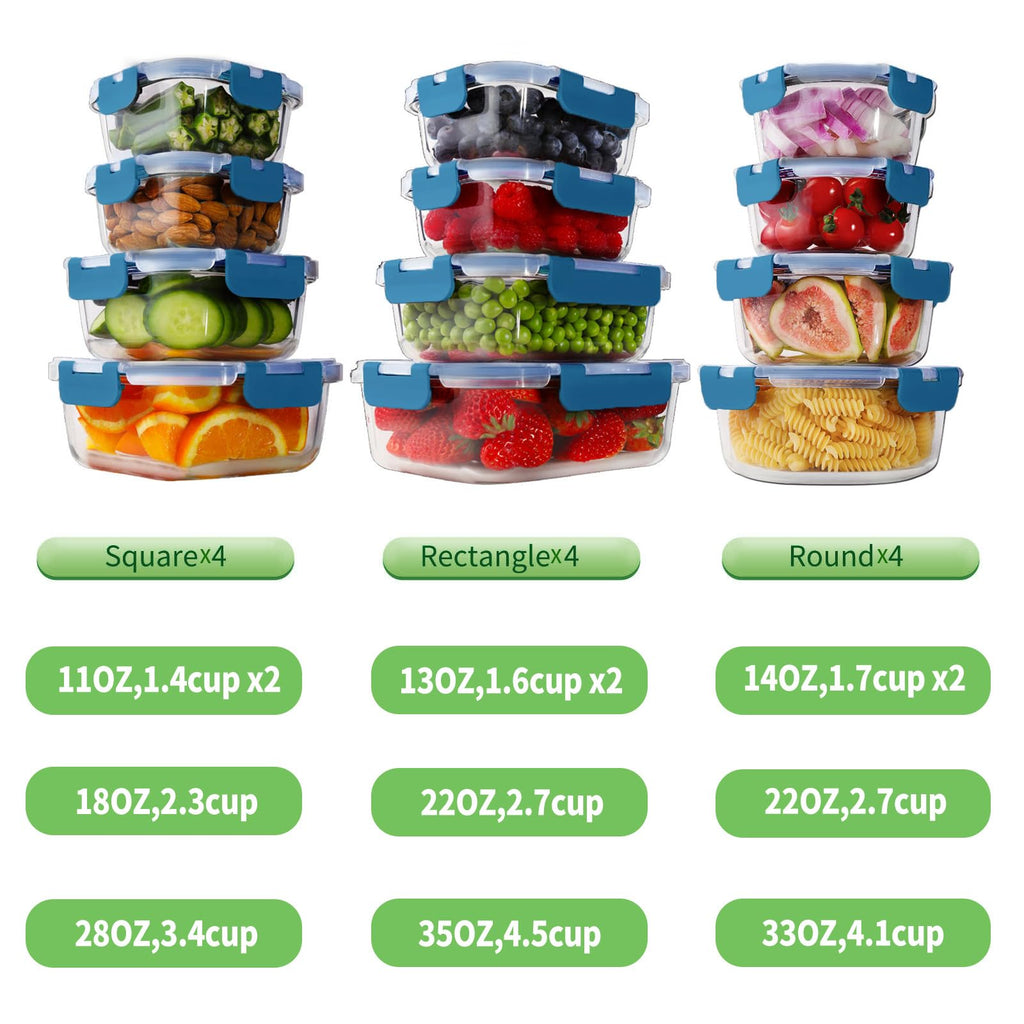 HOMBERKING 24pc Borosilicate Glass Food Storage Containers with Snap Locking Lids, Glass Meal Prep Containers, Airtight Lunch Boxes, Oven, Freezer and Dishwasher Safe, BPA Free, Kitchen Storage Set