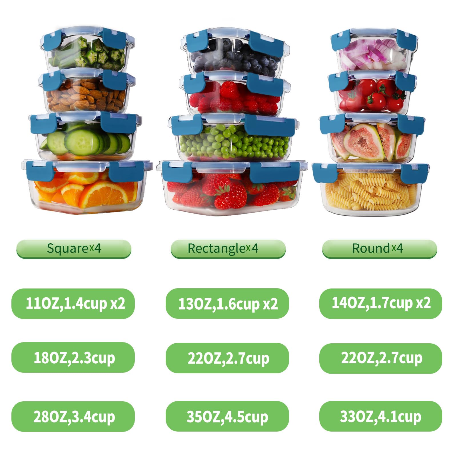 HOMBERKING 24pc Borosilicate Glass Food Storage Containers with Snap Locking Lids, Glass Meal Prep Containers, Airtight Lunch Boxes, Oven, Freezer and Dishwasher Safe, BPA Free, Kitchen Storage Set