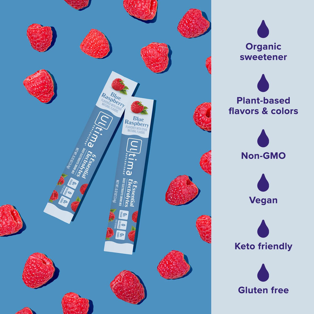 Ultima Replenisher Daily Electrolyte Powder – Raspberry, 20 Stickpacks – Zero Sugar Hydration Packets with 6 Electrolytes and Minerals – Sugar Free, Plant Based & Keto Friendly Drink Mix