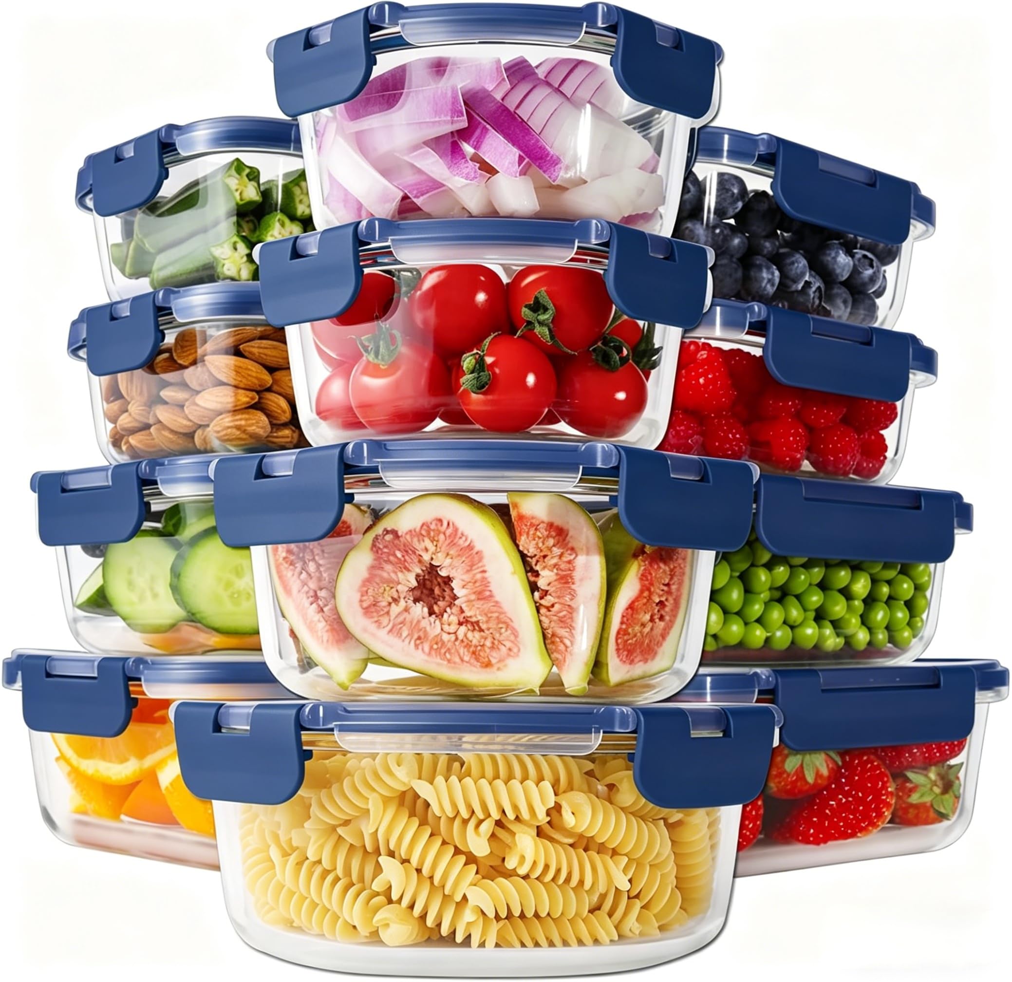 HOMBERKING 24pc Borosilicate Glass Food Storage Containers with Snap Locking Lids, Glass Meal Prep Containers, Airtight Lunch Boxes, Oven, Freezer and Dishwasher Safe, BPA Free, Kitchen Storage Set