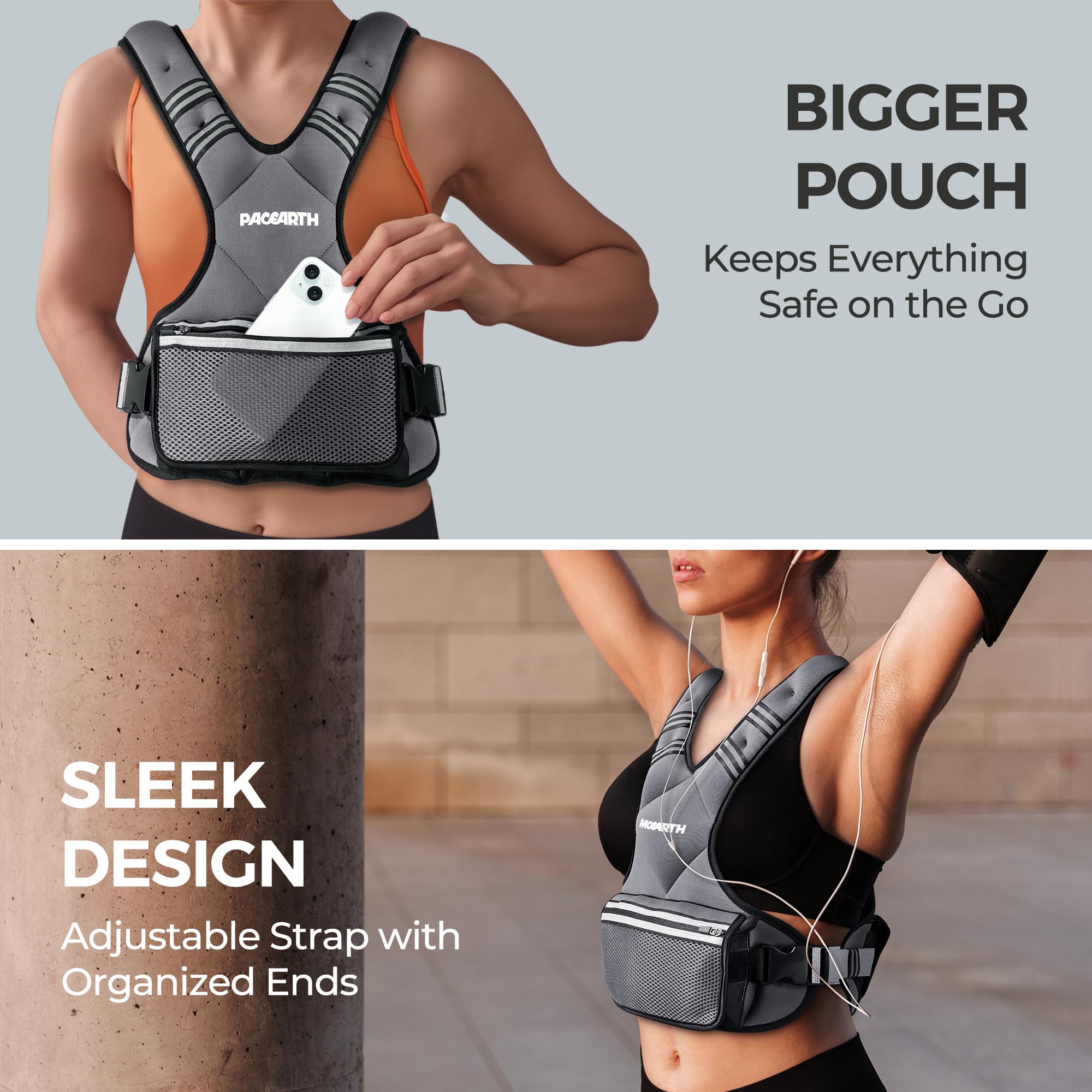 PACEARTH Adjustable Weight Vest 4-10lbs / 11-20lbs / 20-32lbs X-Shape Weighted Vest for Women and Men, Home Workout Ironsand Vest with Zipper Pouch and 6 Weight Packs, Available in Pink, Gray, Black