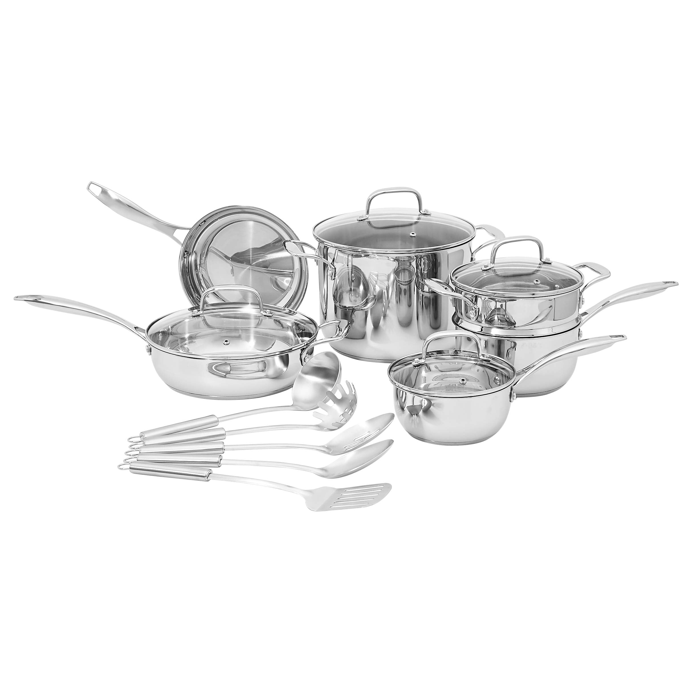 Amazon Basics Stainless Steel Cookware 11-Piece Set, Oven Safe, Induction-Ready, Even Heating, Non Toxic, Stay-Cool Handles, Pots and Pans, All Stovetops, Glass Lids, Silver