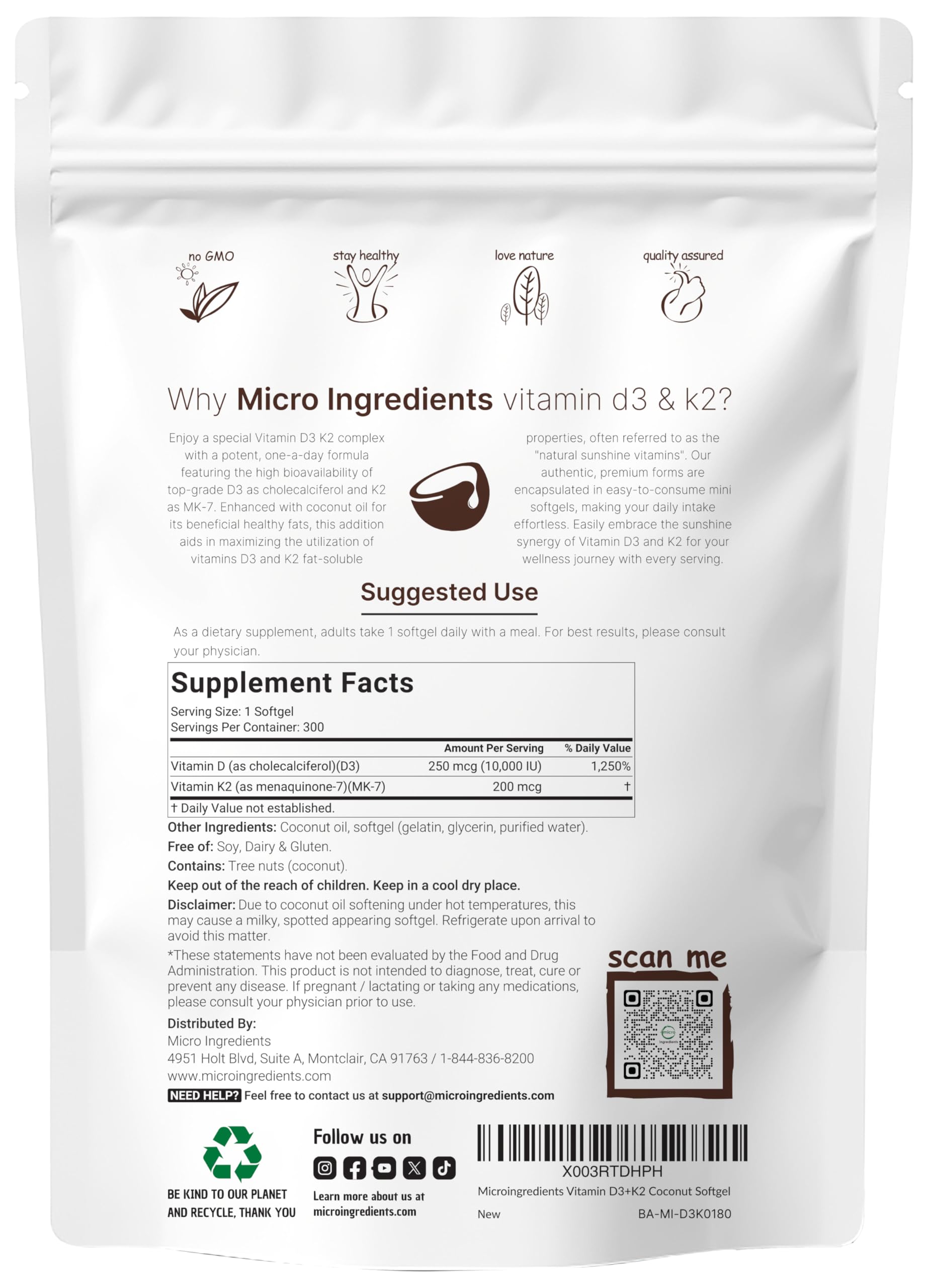 Micro Ingredients Vitamin D3 10,000 IU + K2 MK-7 200 mcg, 300 Softgels with Virgin Coconut Oil | 2-in-1 Vitamins D & K Complex | Extra Strength, Easy to Swallow, Non-GMO, Gluten Free