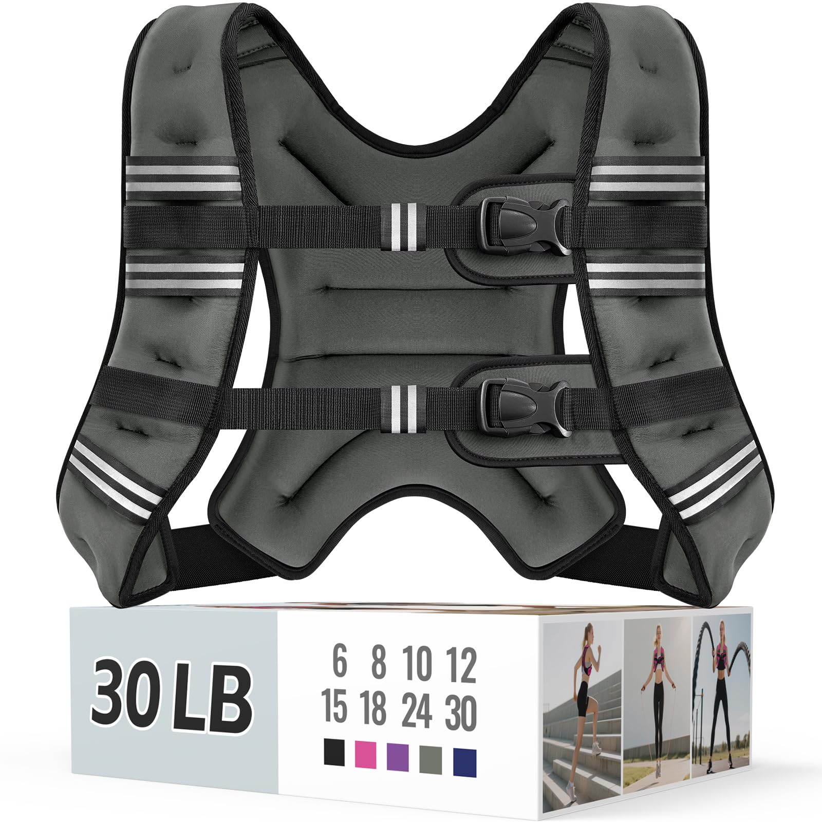 Zeerun Weighted Vest, 6lb/8lb/10lb/12lb/15lb/18lb/20lb/24lb/30lb for Men Women, Reflective Stripe Adjustable Buckle, Comfortable Durable Rucking Vest for Walking Running Strength Training