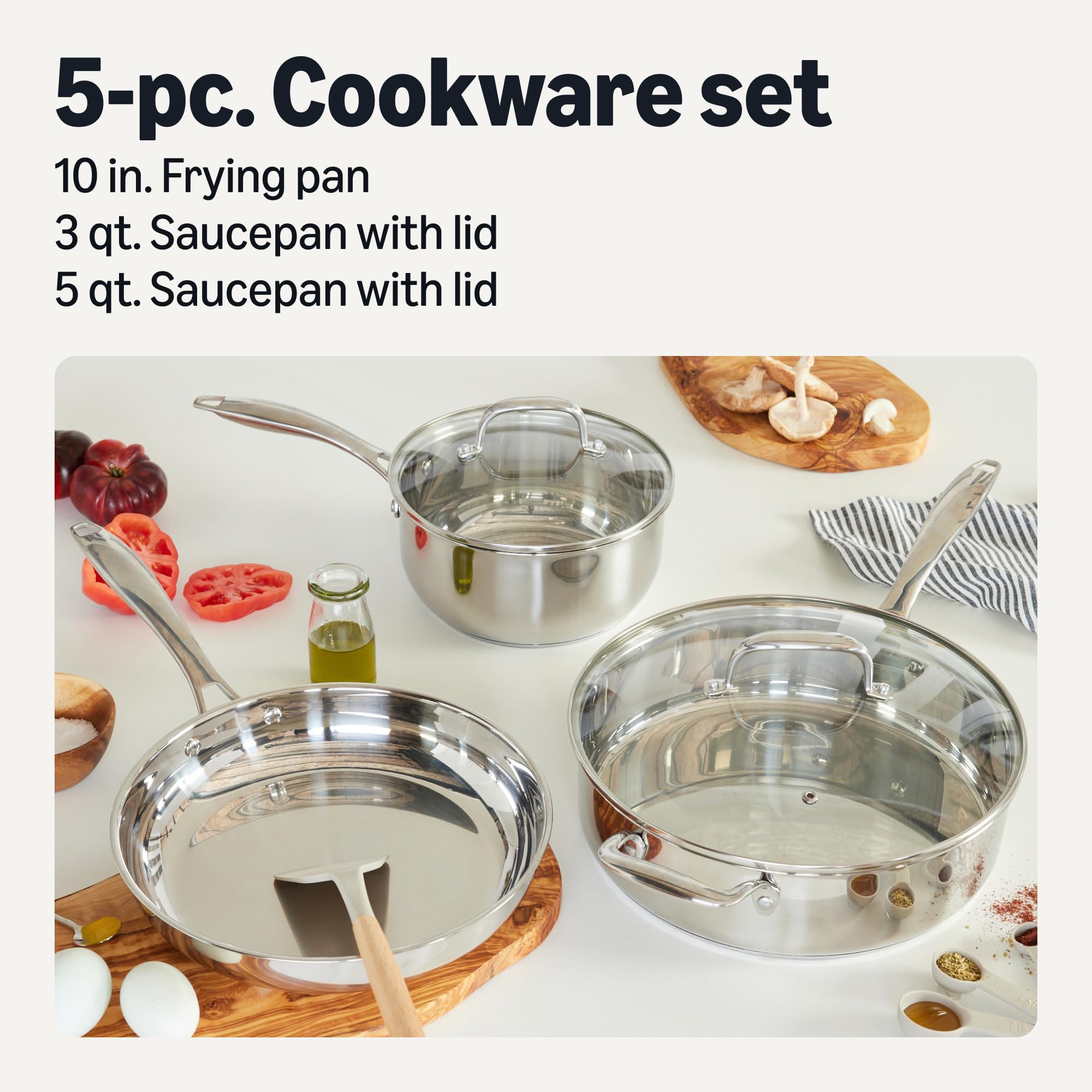 Amazon Basics Stainless Steel Cookware 11-Piece Set, Oven Safe, Induction-Ready, Even Heating, Non Toxic, Stay-Cool Handles, Pots and Pans, All Stovetops, Glass Lids, Silver
