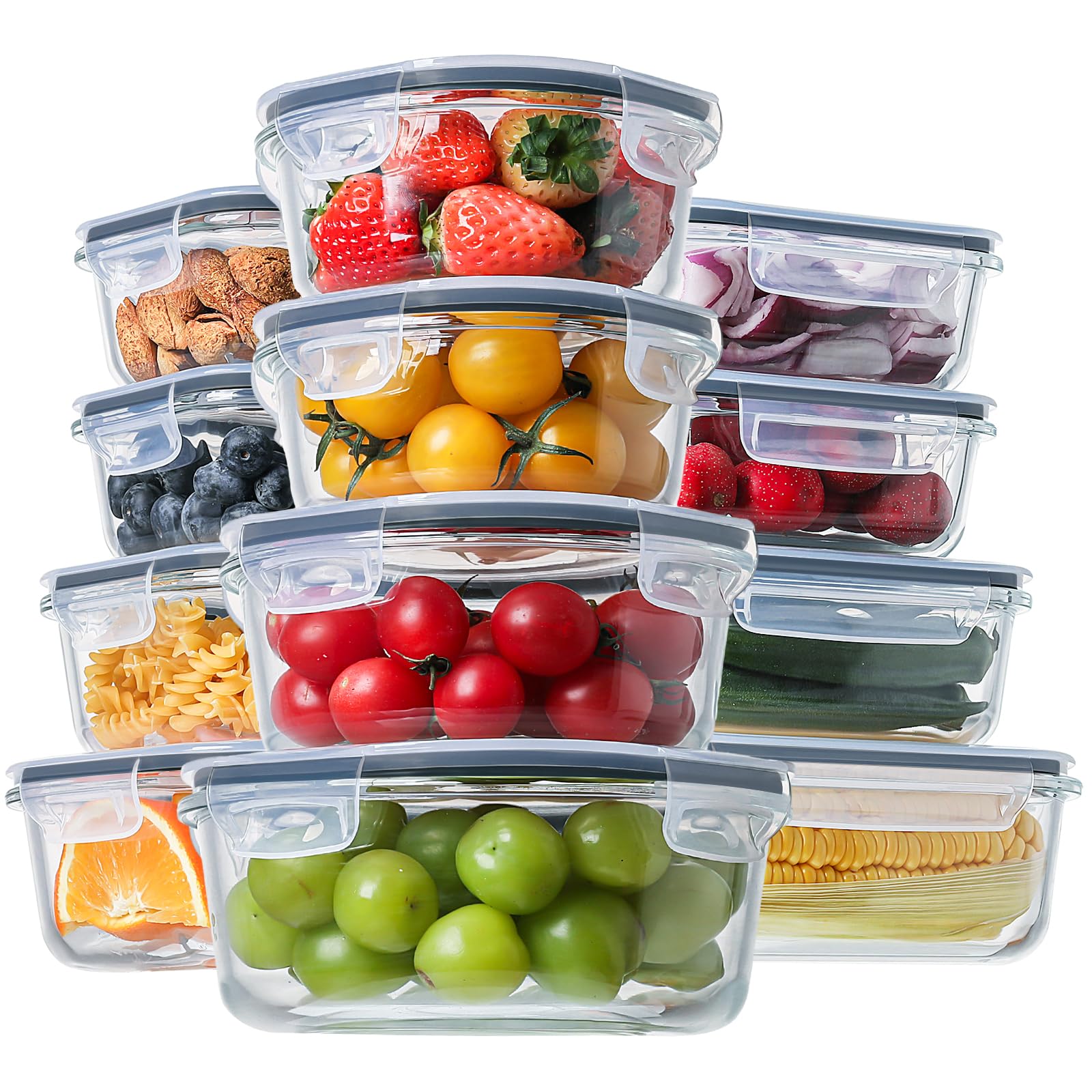 HOMBERKING 24pc Borosilicate Glass Food Storage Containers with Snap Locking Lids, Glass Meal Prep Containers, Airtight Lunch Boxes, Oven, Freezer and Dishwasher Safe, BPA Free, Kitchen Storage Set