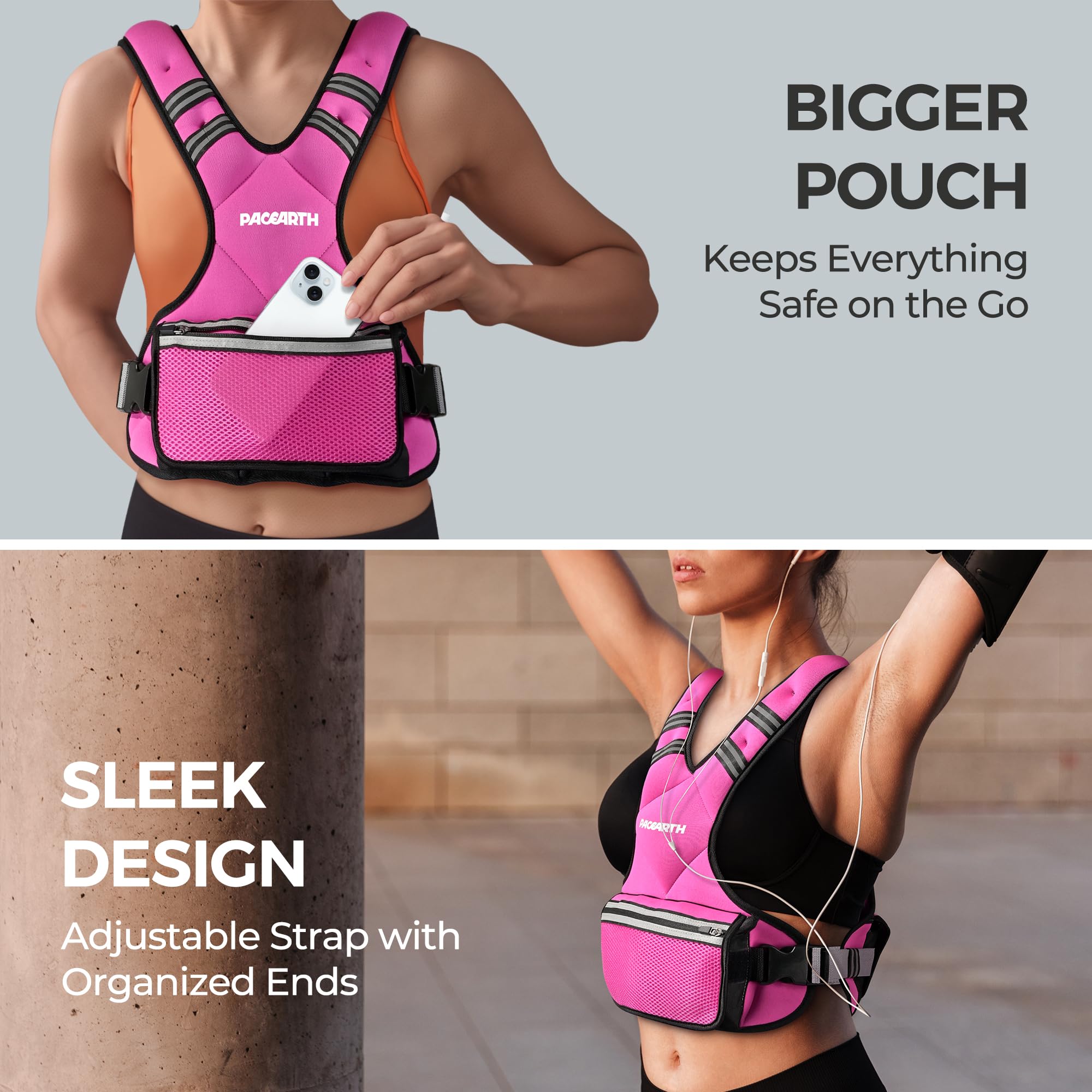 PACEARTH Adjustable Weight Vest 4-10lbs / 11-20lbs / 20-32lbs X-Shape Weighted Vest for Women and Men, Home Workout Ironsand Vest with Zipper Pouch and 6 Weight Packs, Available in Pink, Gray, Black