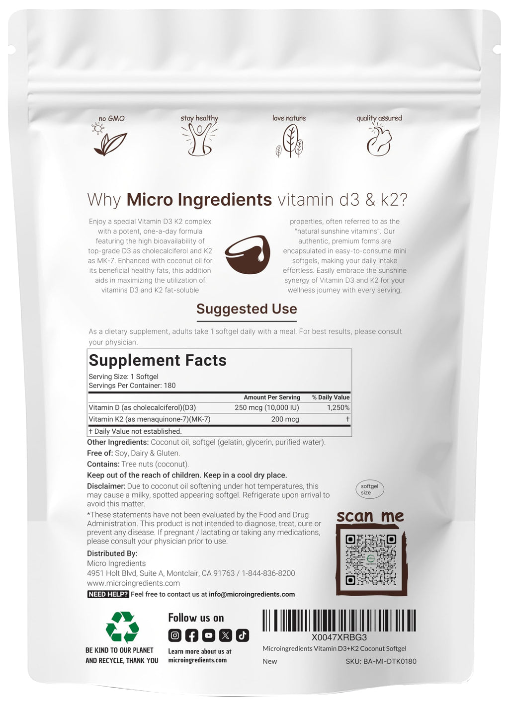 Micro Ingredients Vitamin D3 10,000 IU + K2 MK-7 200 mcg, 300 Softgels with Virgin Coconut Oil | 2-in-1 Vitamins D & K Complex | Extra Strength, Easy to Swallow, Non-GMO, Gluten Free