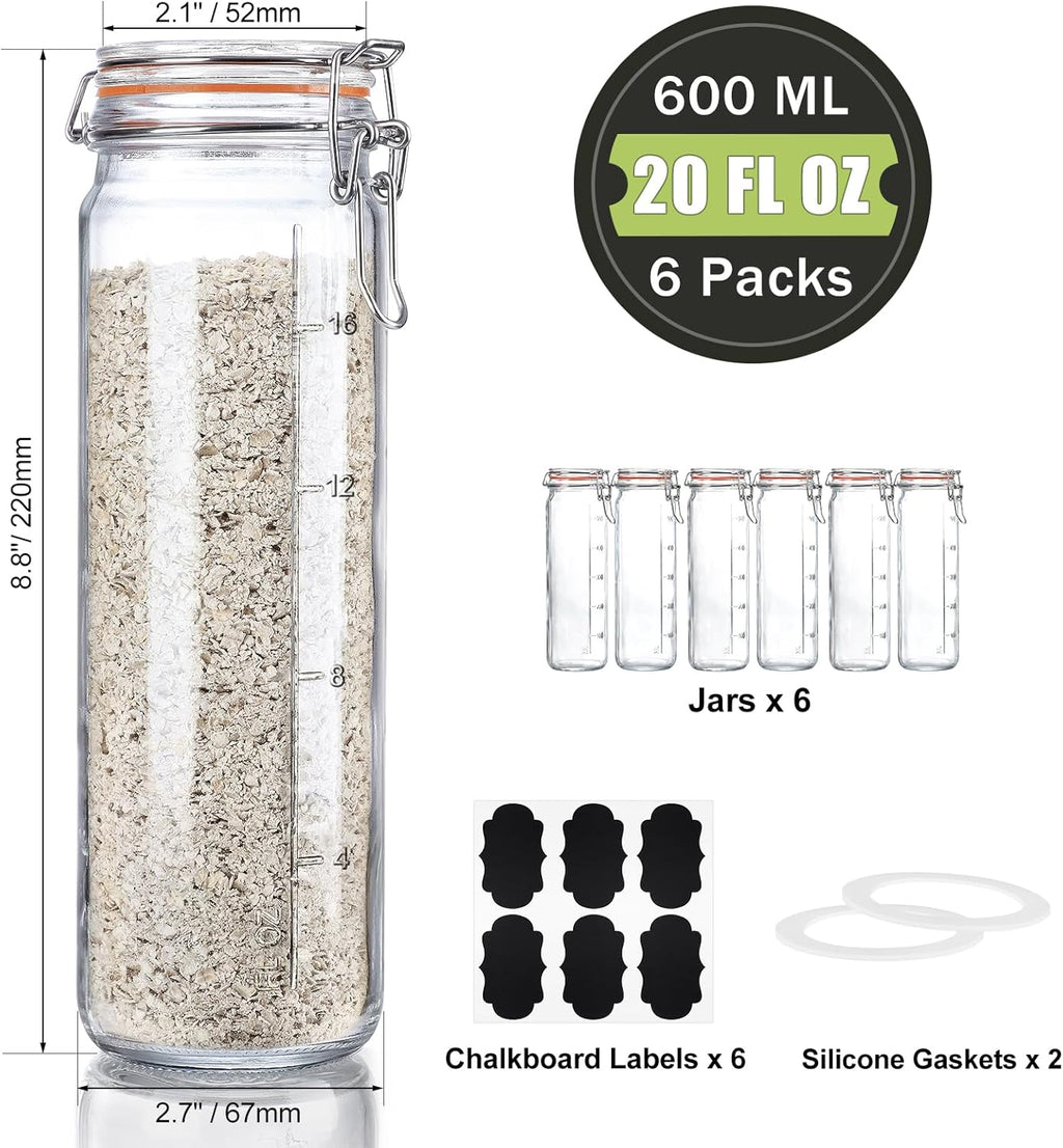 [Upgraded] 20 oz Glass Jars with Airtight Lids for Vanilla Extract, 6 Pack Glass Juice Bottles with 2 Measurement Marks, Glass Food Storage Canister Set For Beans, Spice, Tea, Drink, Milk. 600ML